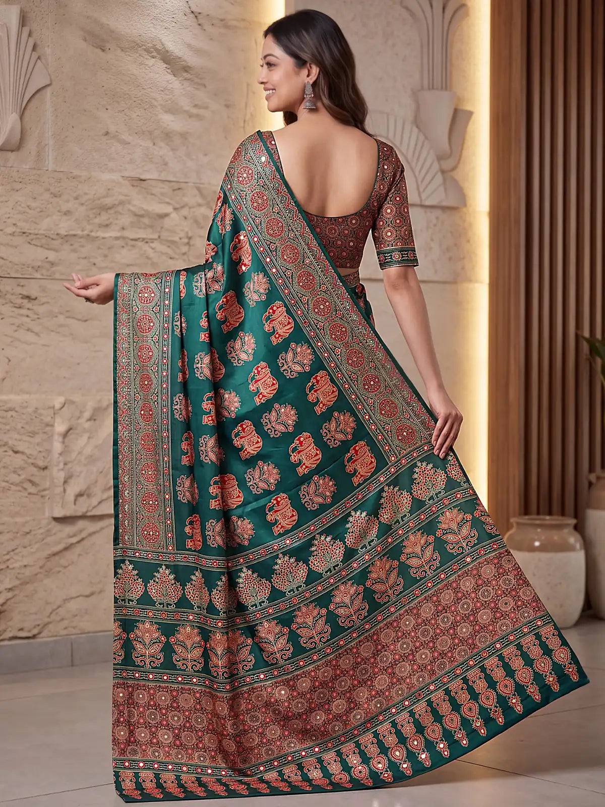 Tarani green Crap Silk saree back view with detailed pallu and blouse