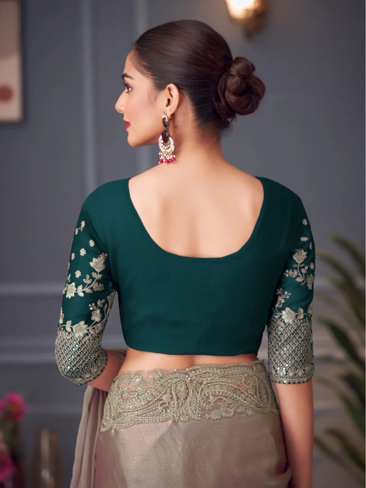 Tarani green chiffon silk saree back blouse design with detailed embroidery for festive wear