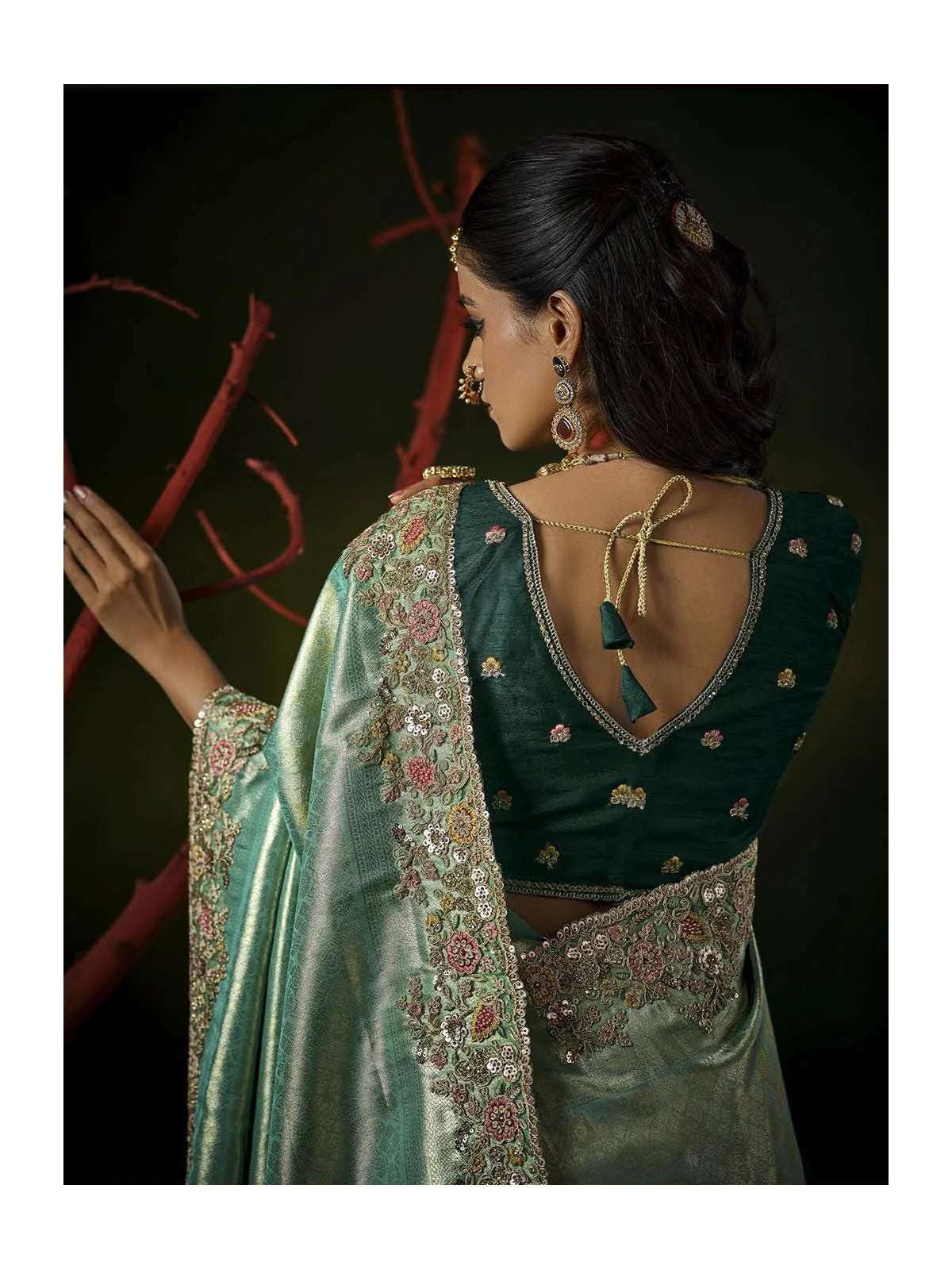 Tarani back view Chandani deep V back blouse with tassels and detailed border reception ready
