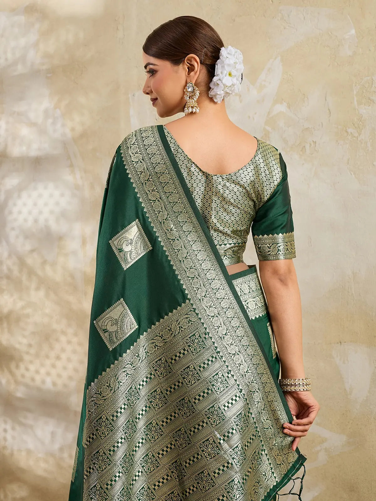 Tarani green silk blend blouse view with zari woven designer pattern