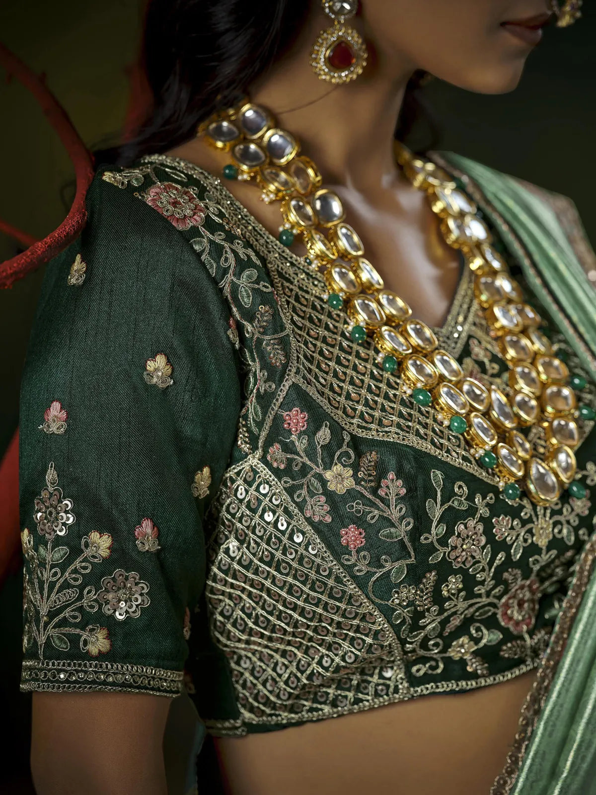 Tarani blouse close view Chandani rich green embroidery with sequins and floral motifs bridal style