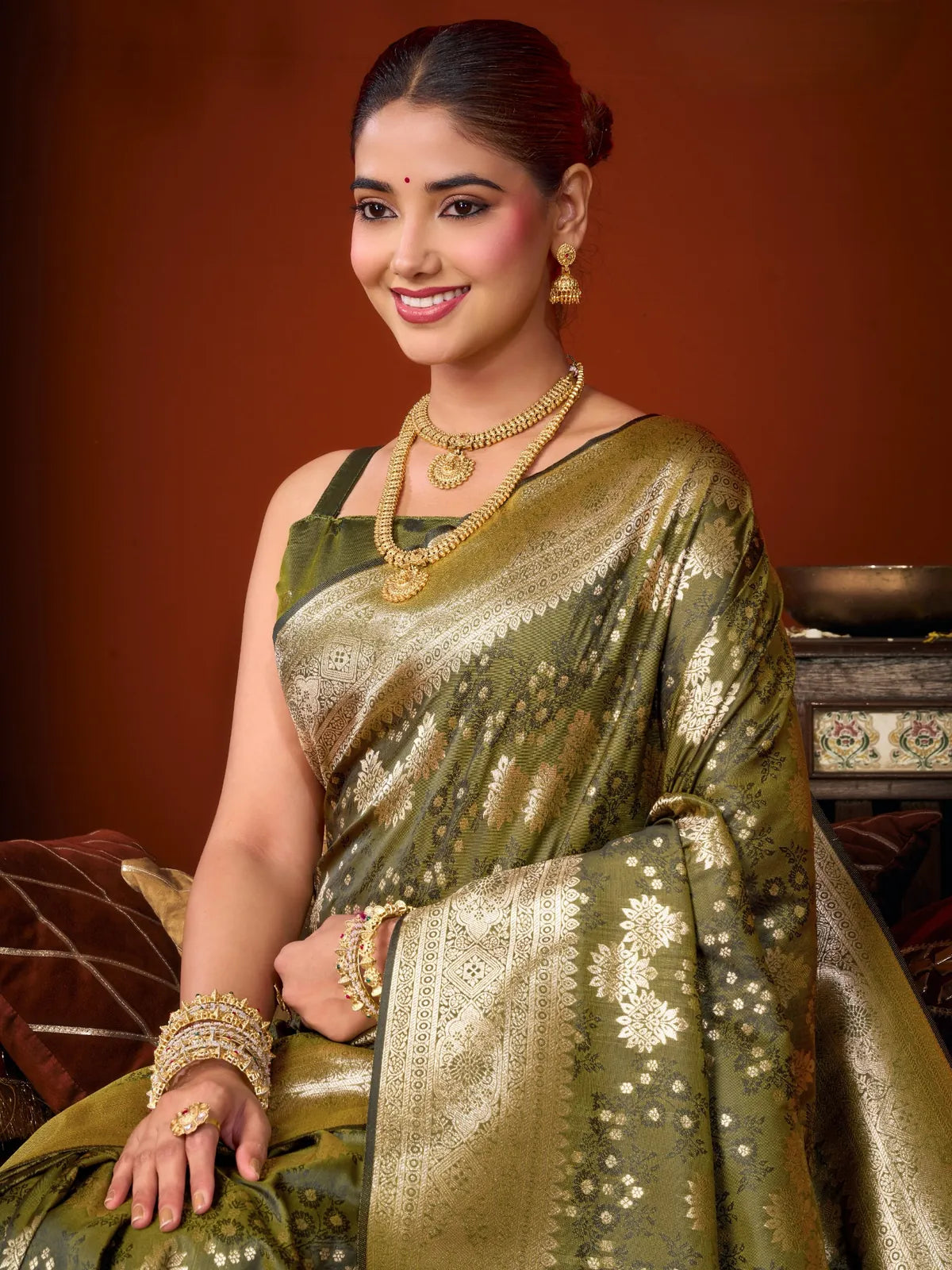 Tarani olive green premium self jacquard soft silk saree closeup-view