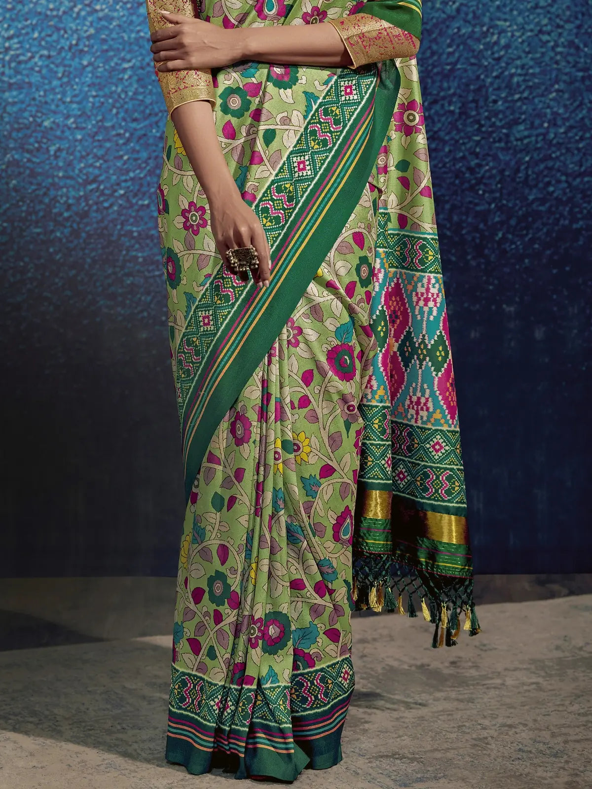 Tarani soft tusser silk saree green fabric closeup with kalamkari design