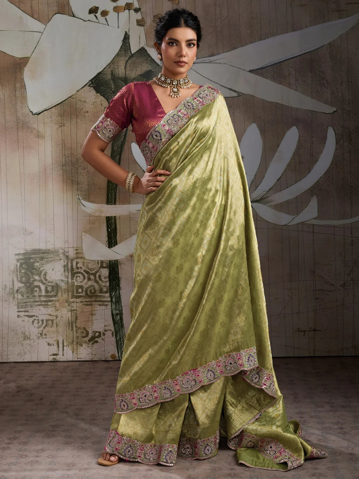 Tarani olive green Banarasi jacquard silk saree front view with luxurious woven texture