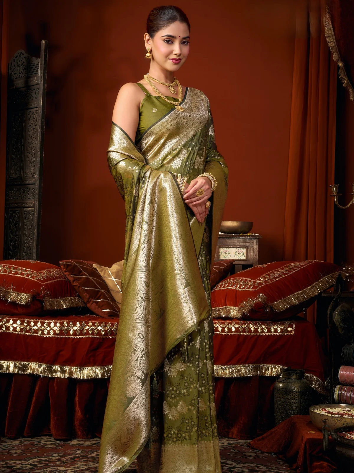 Tarani olive green premium self jacquard soft silk saree front-view