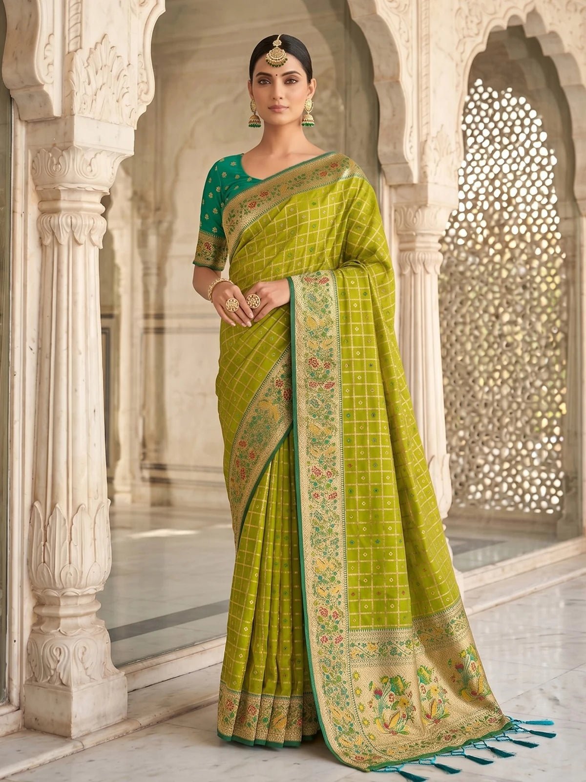 Tarani Arunika green Banarasi silk saree with zari checks and floral border front view