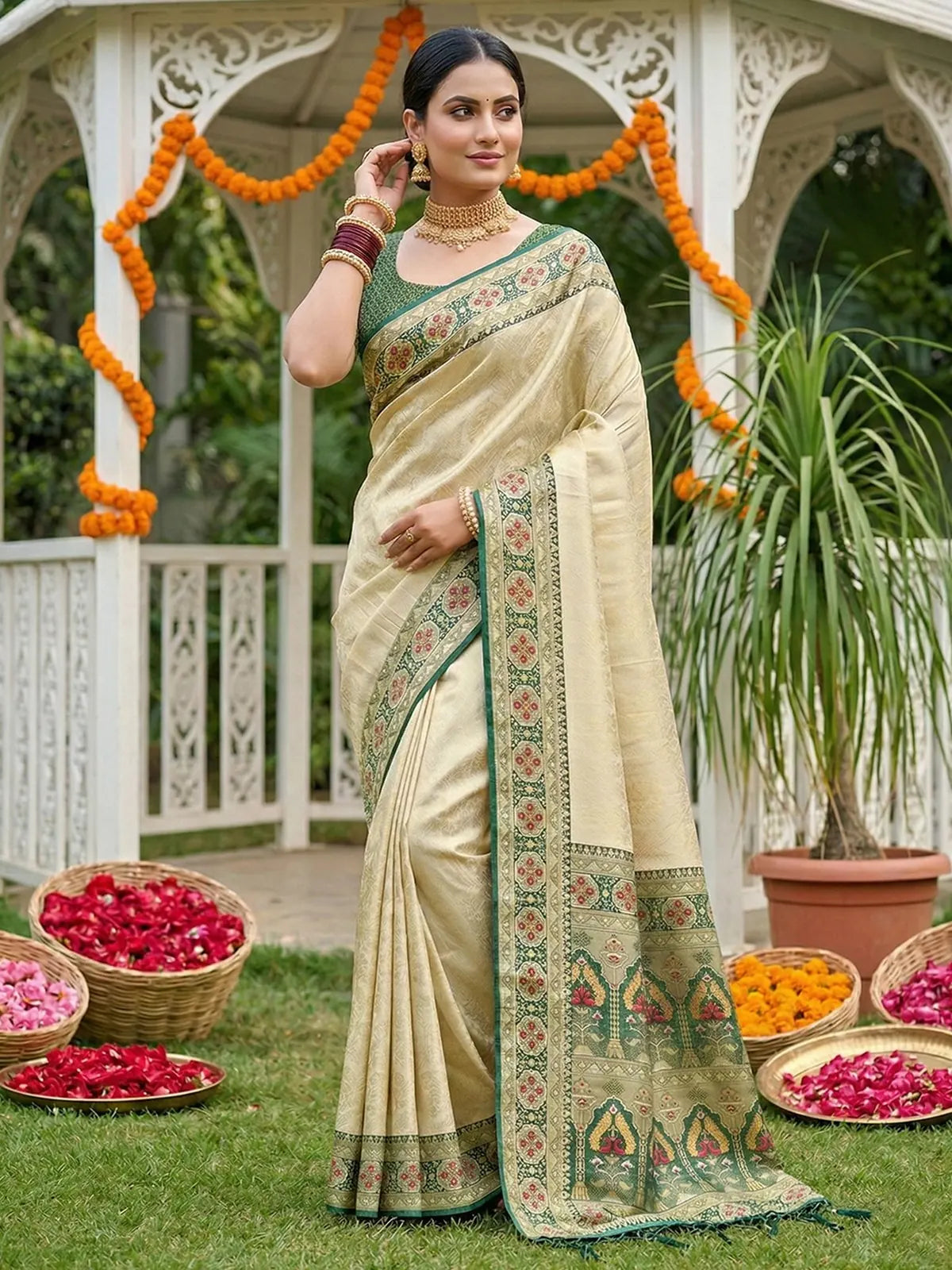Tarani green premium soft silk saree with designer contrast border and woven pallu front view