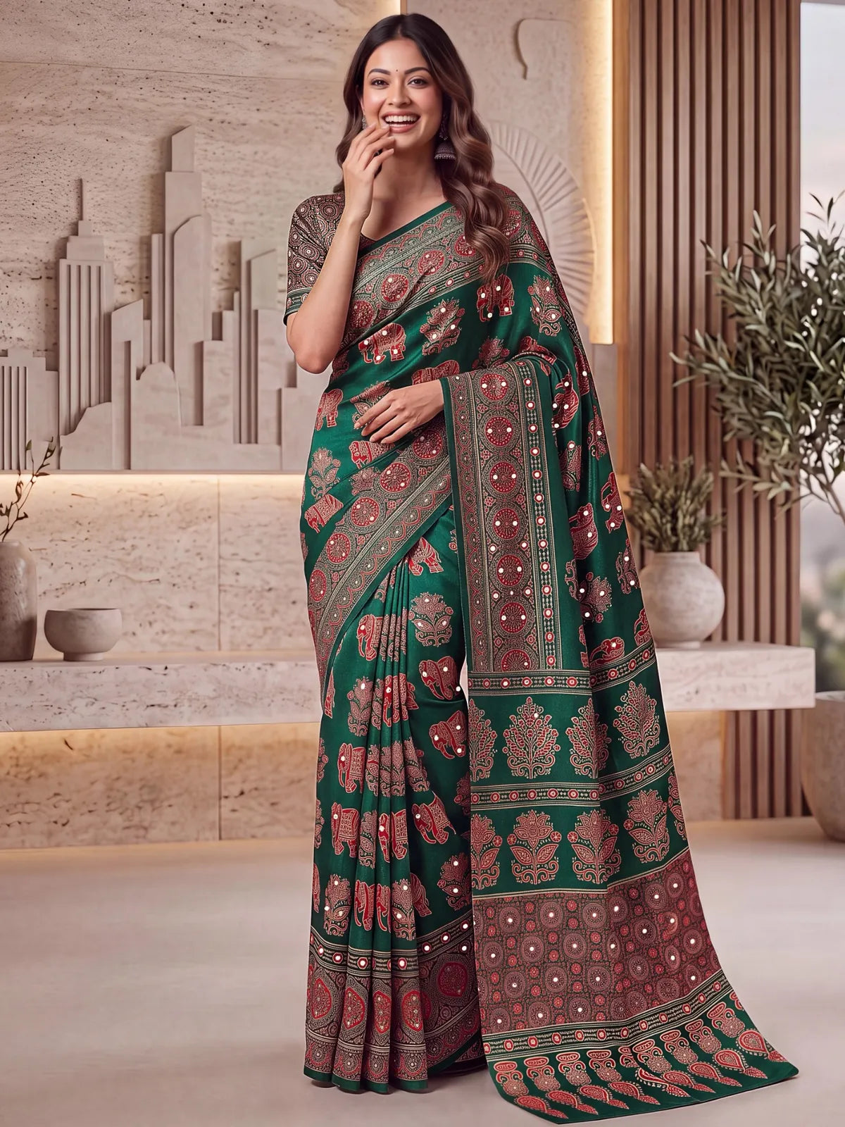 Tarani green Crap Silk saree front pose highlighting Ajrakh print