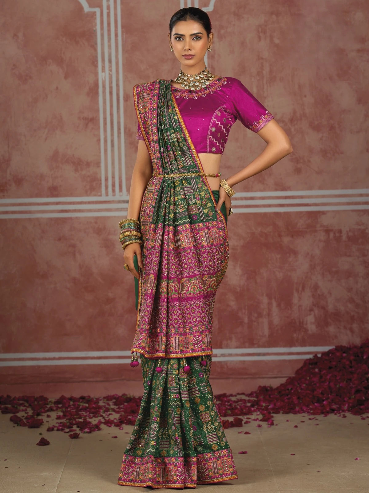 Tarani green Shana Silk saree front drape view