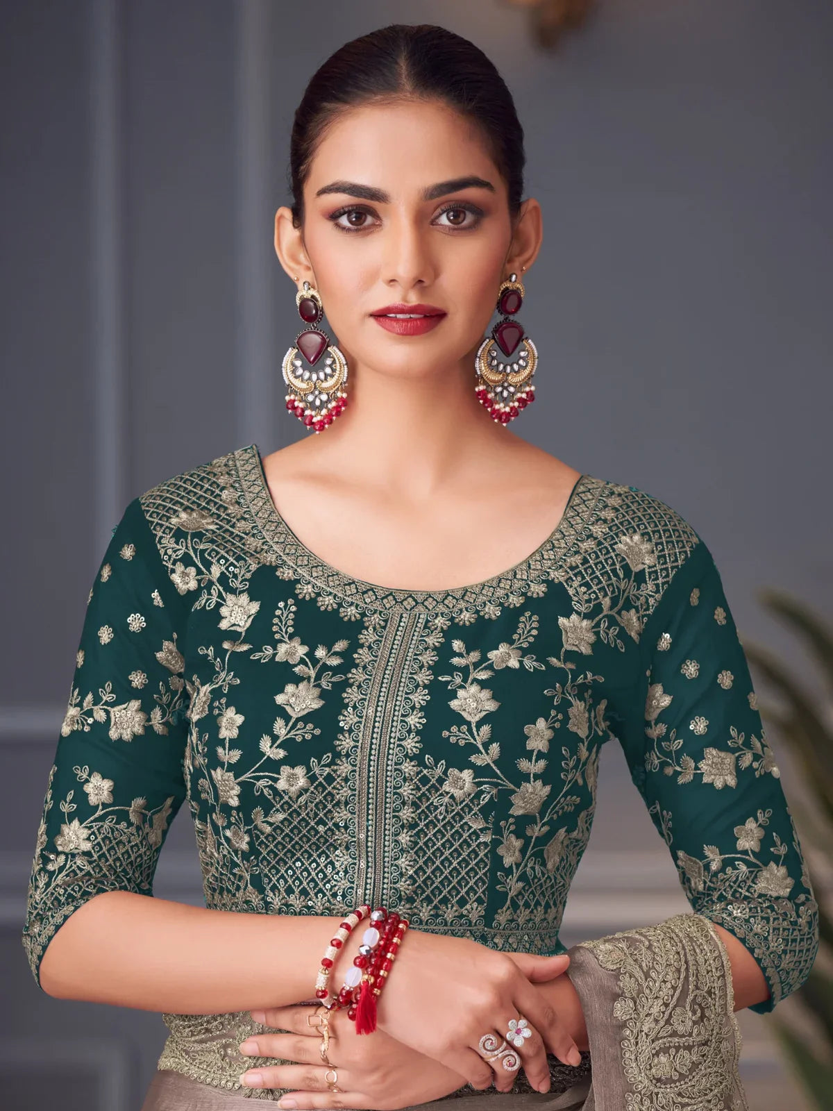 Tarani elegant green chiffon silk saree front view styled for party and wedding occasions