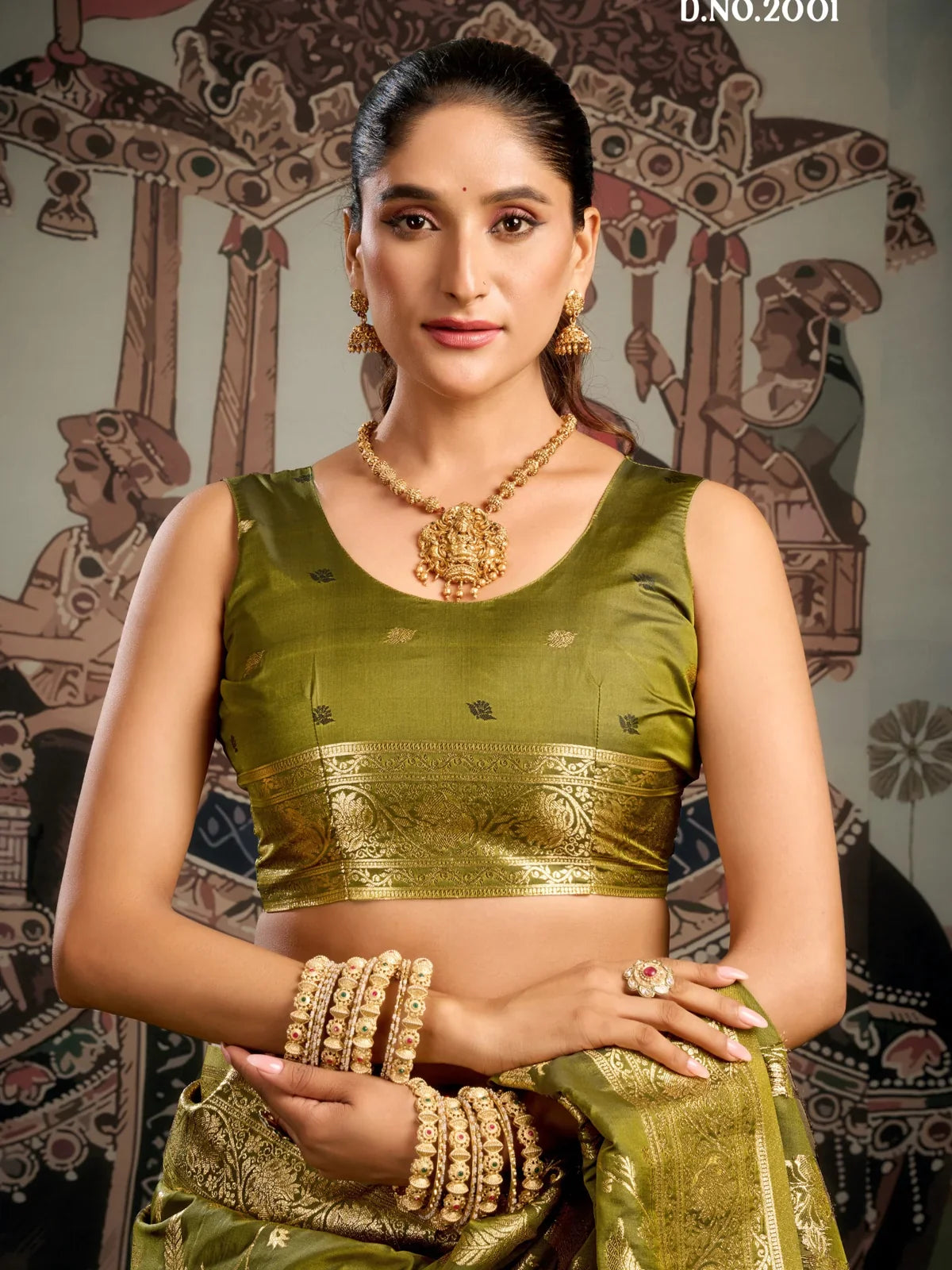 Tarani green silk saree upper body view with zari detailing