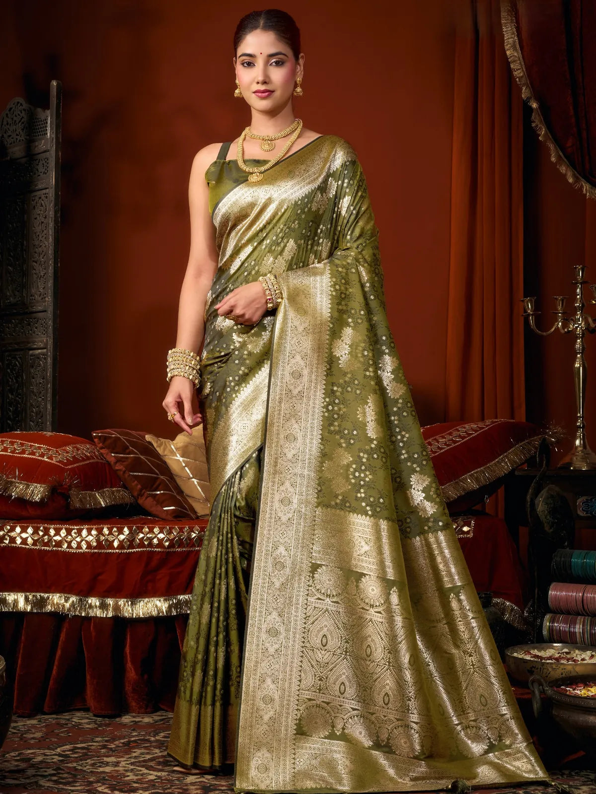 Tarani olive green premium self jacquard soft silk saree full-view