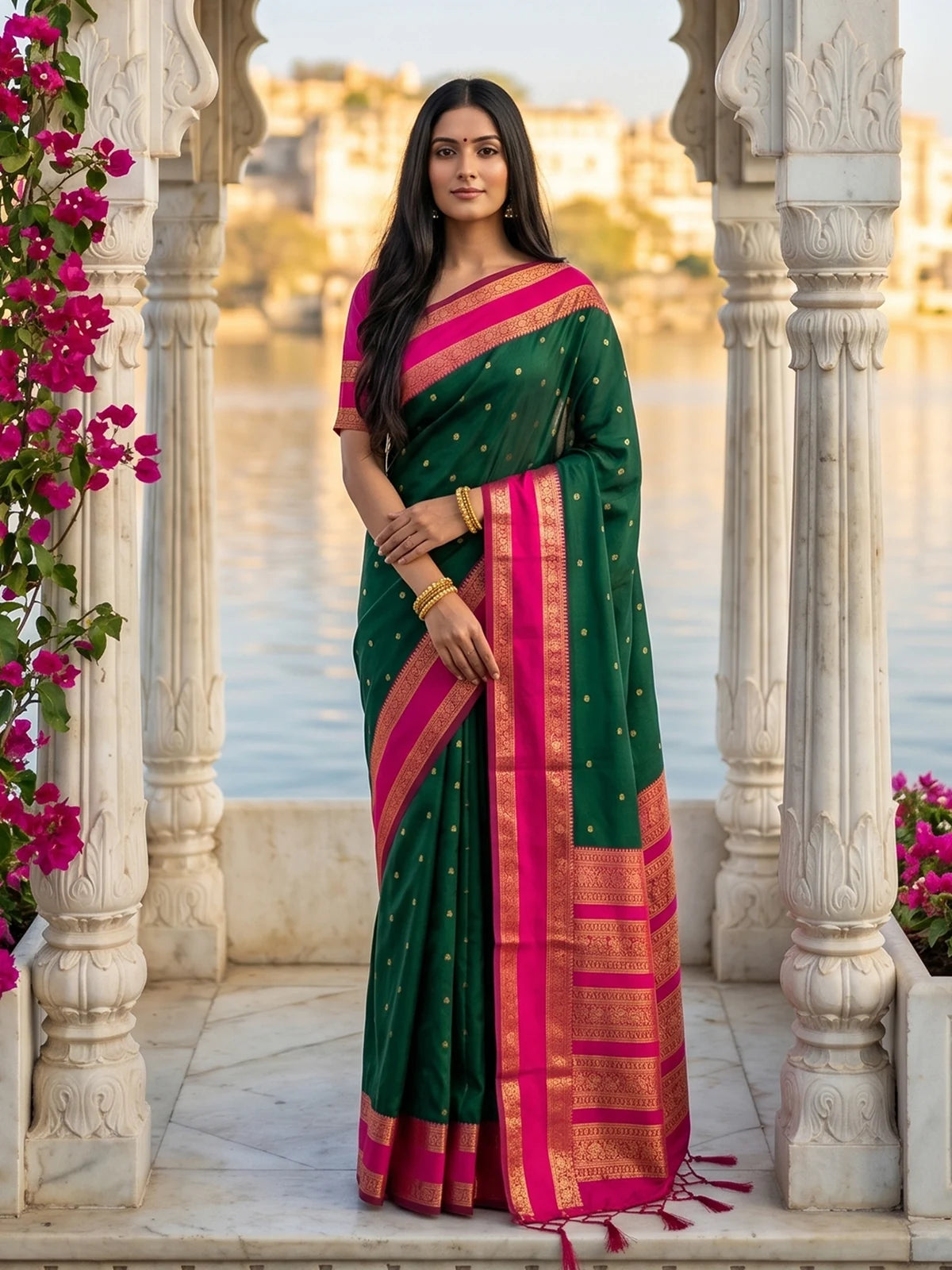 Tarani green soft silk saree with pink zari border full front view for festive and party wear