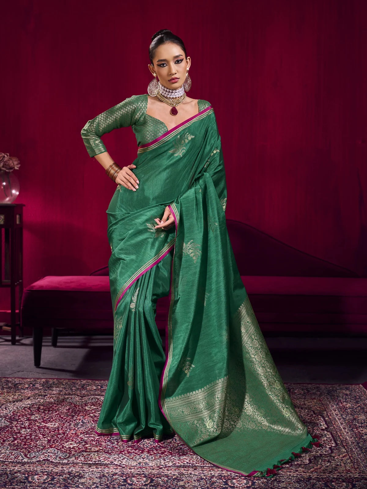 Tarani green satin linen handloom weaving silk saree full view for festive and party wear