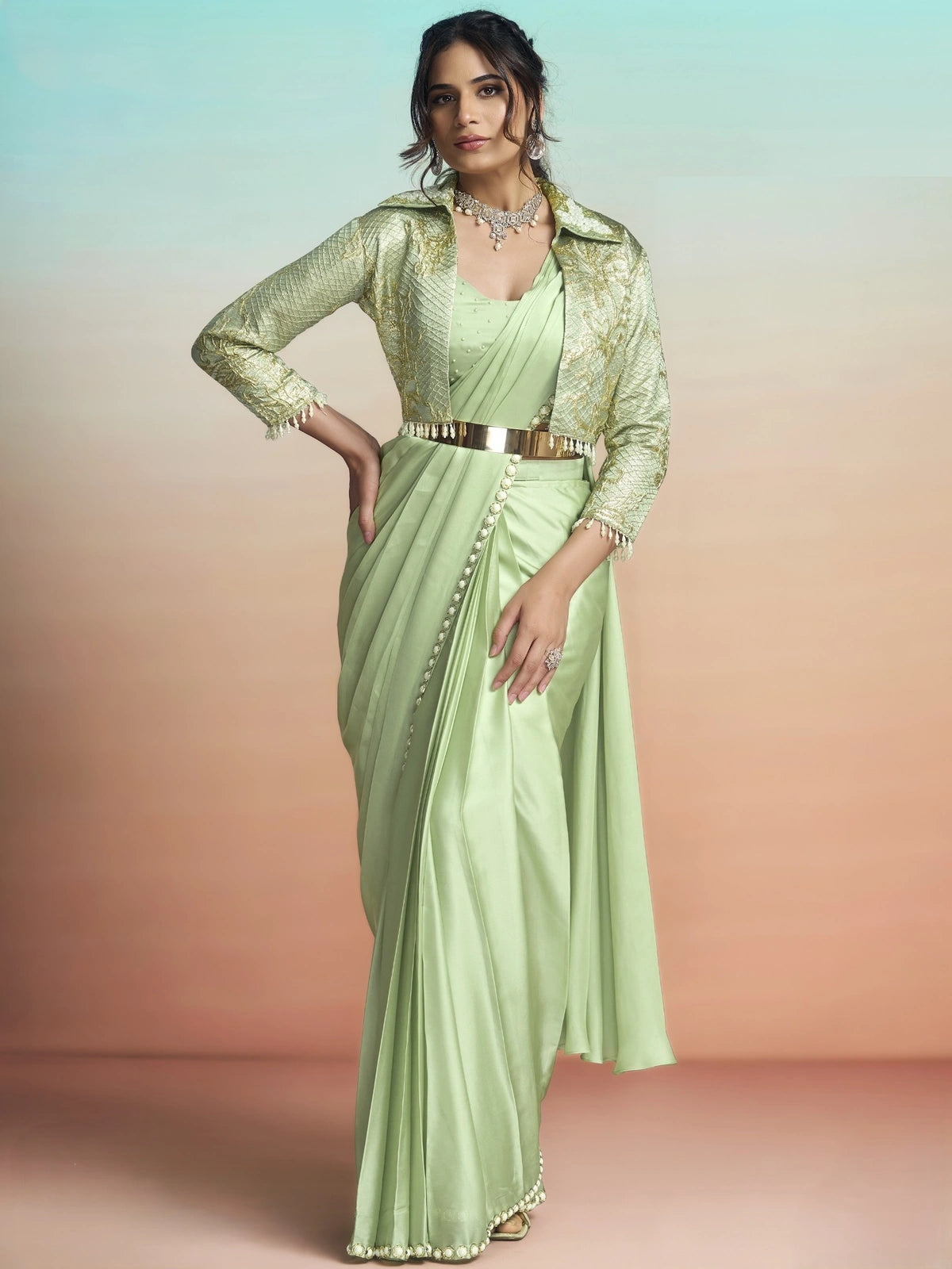 Tarani Padmika green satin silk ready to wear saree with pearl detailing and jacket