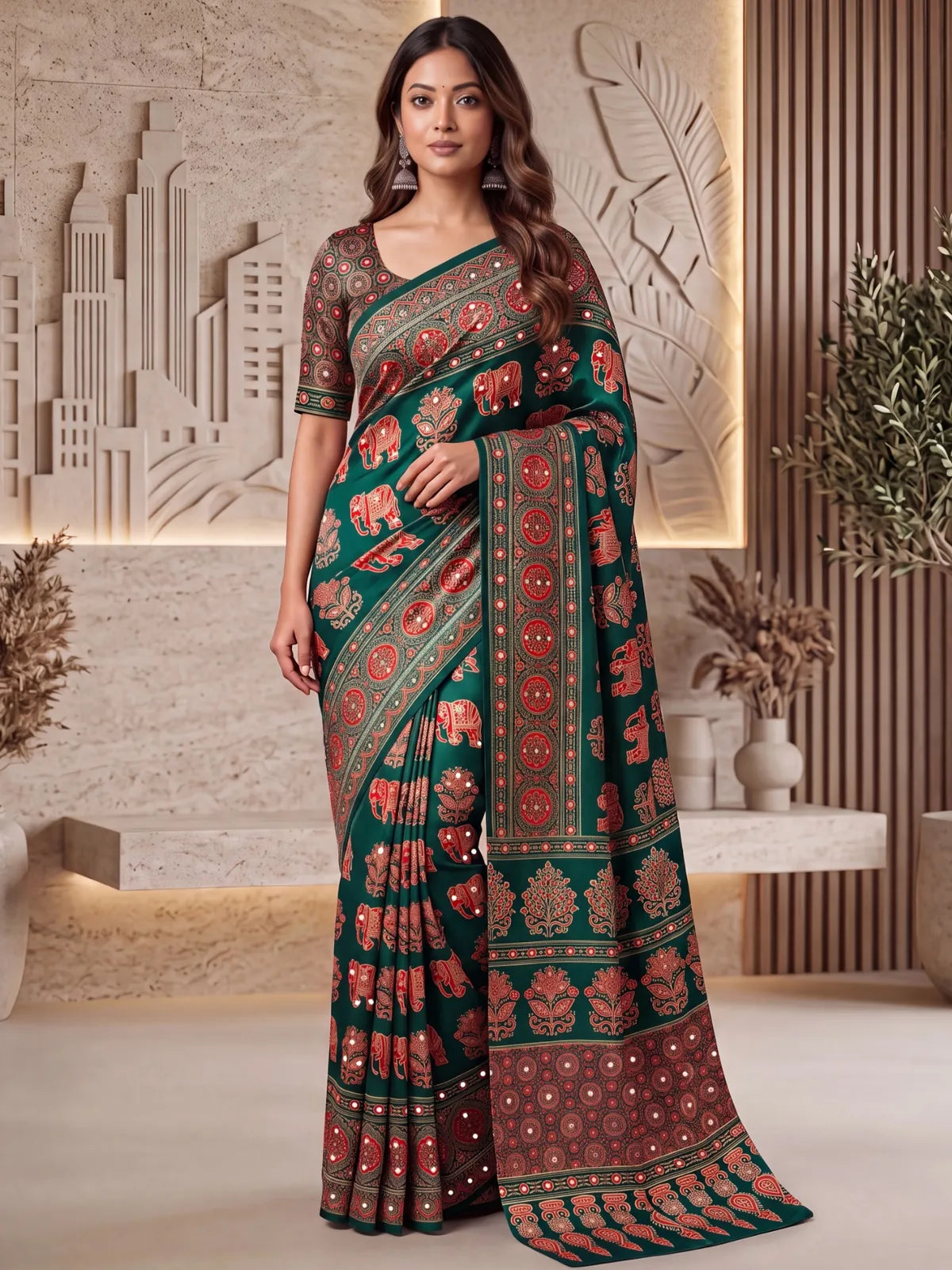 Tarani green Crap Silk saree with Digital Ajrakh Print and real mirror work full front view