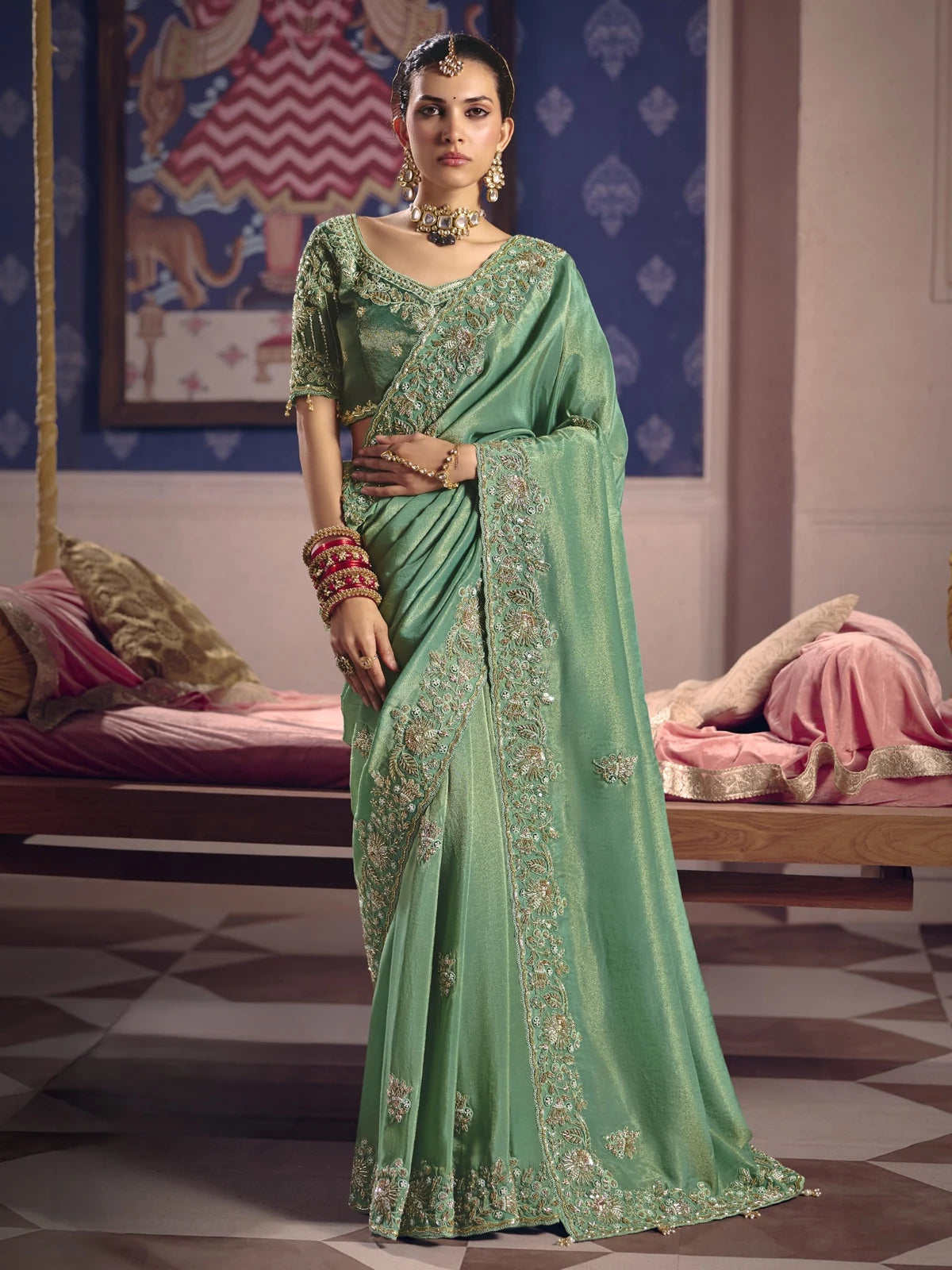 Tarani Ujwalika green embroidered Viscose Zari Tissue Silk saree full view with heavy border and bead work