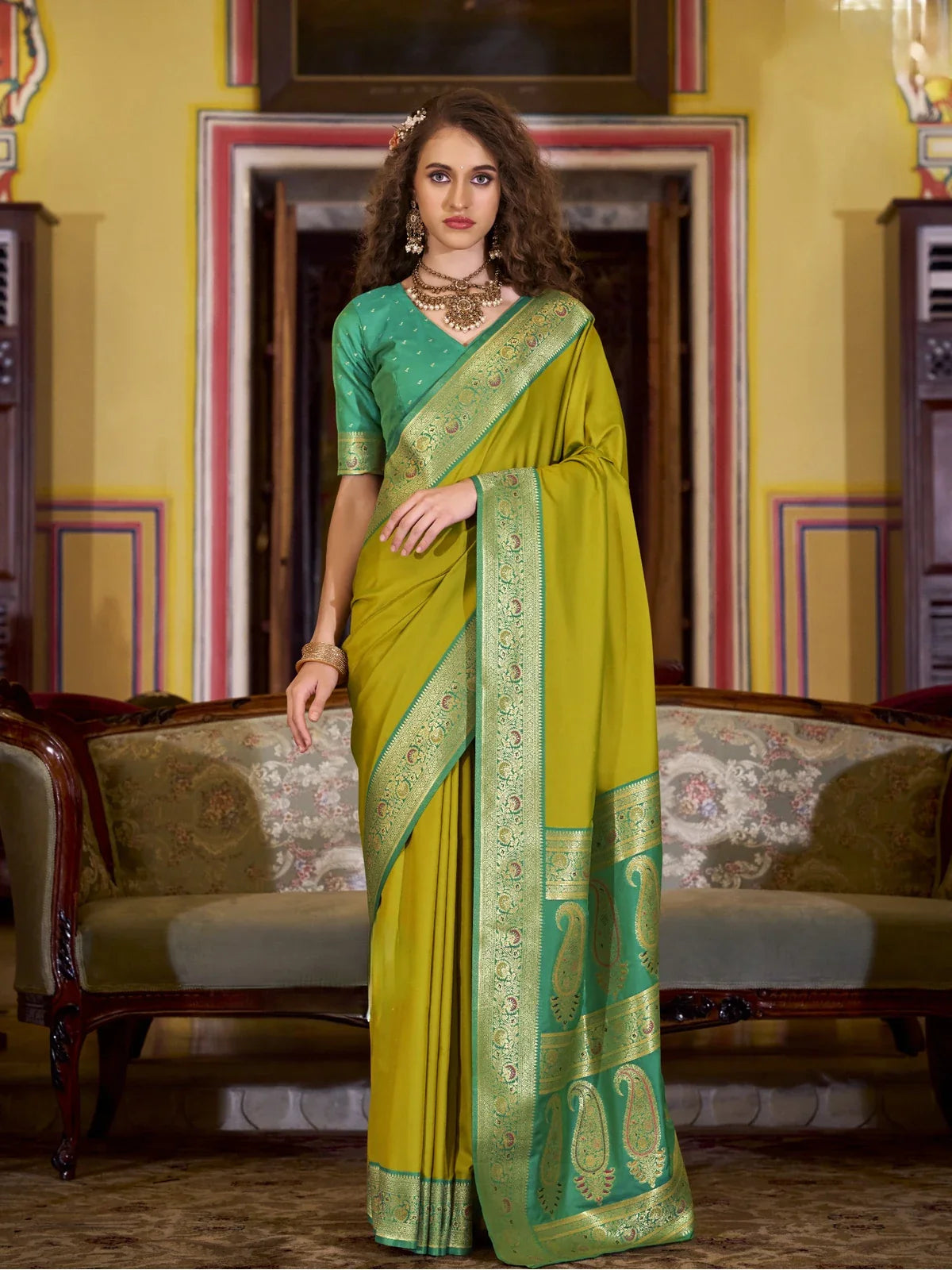 Tarani green silk saree with contrast border full view perfect for party and festive wear
