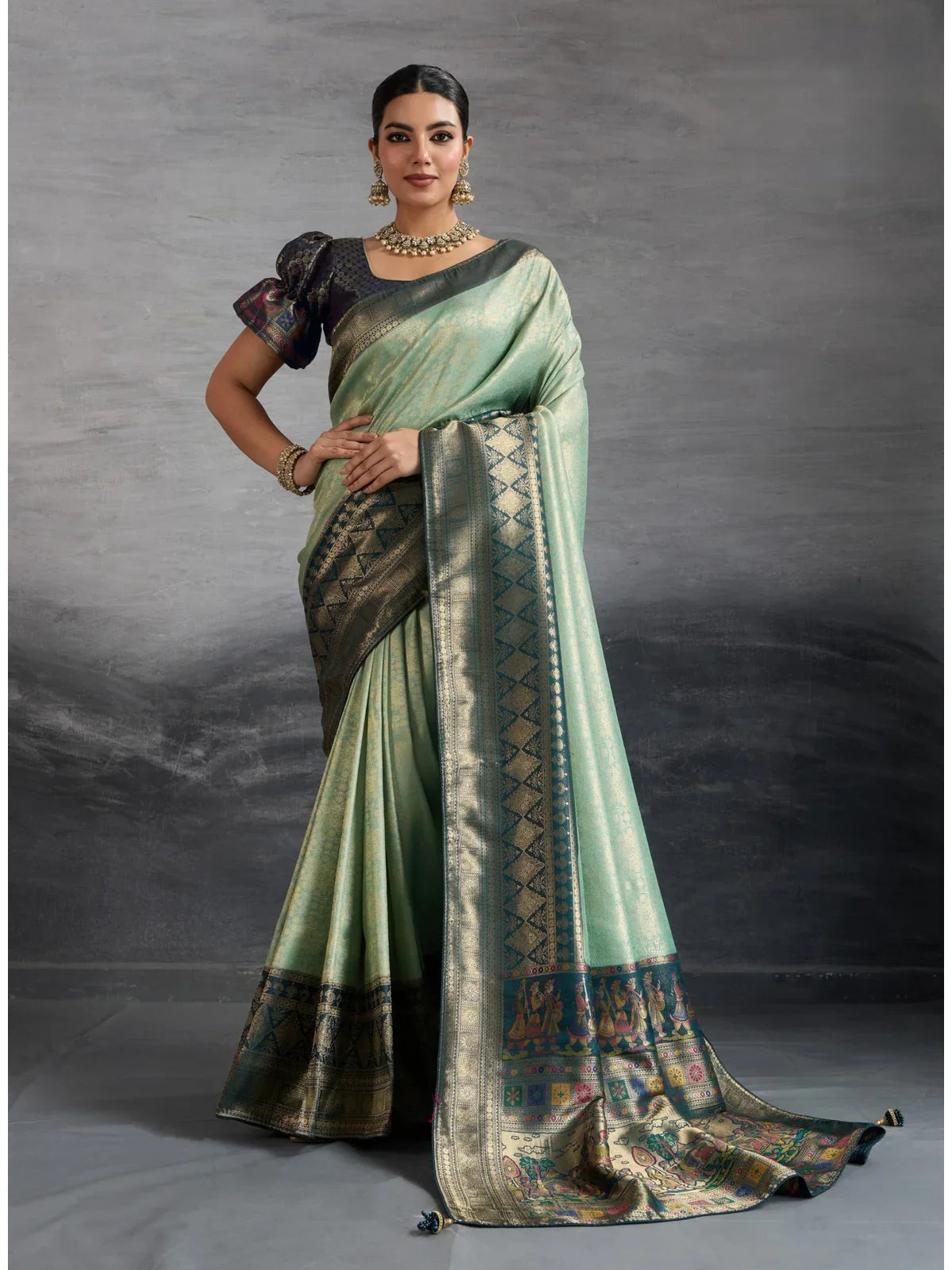 Tarani green soft silk saree with zari work and full traditional look