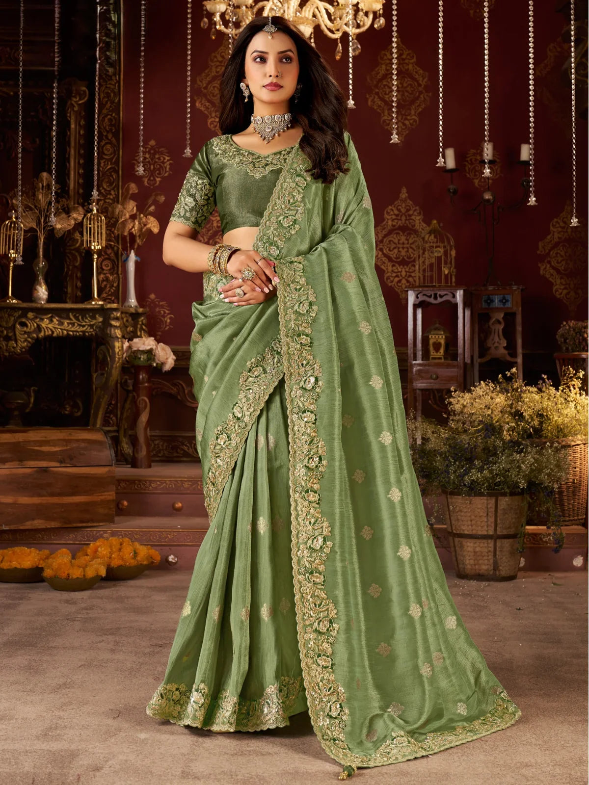 Tarani green silk saree full view with zari embroidery and latkan pallu for festive occasions