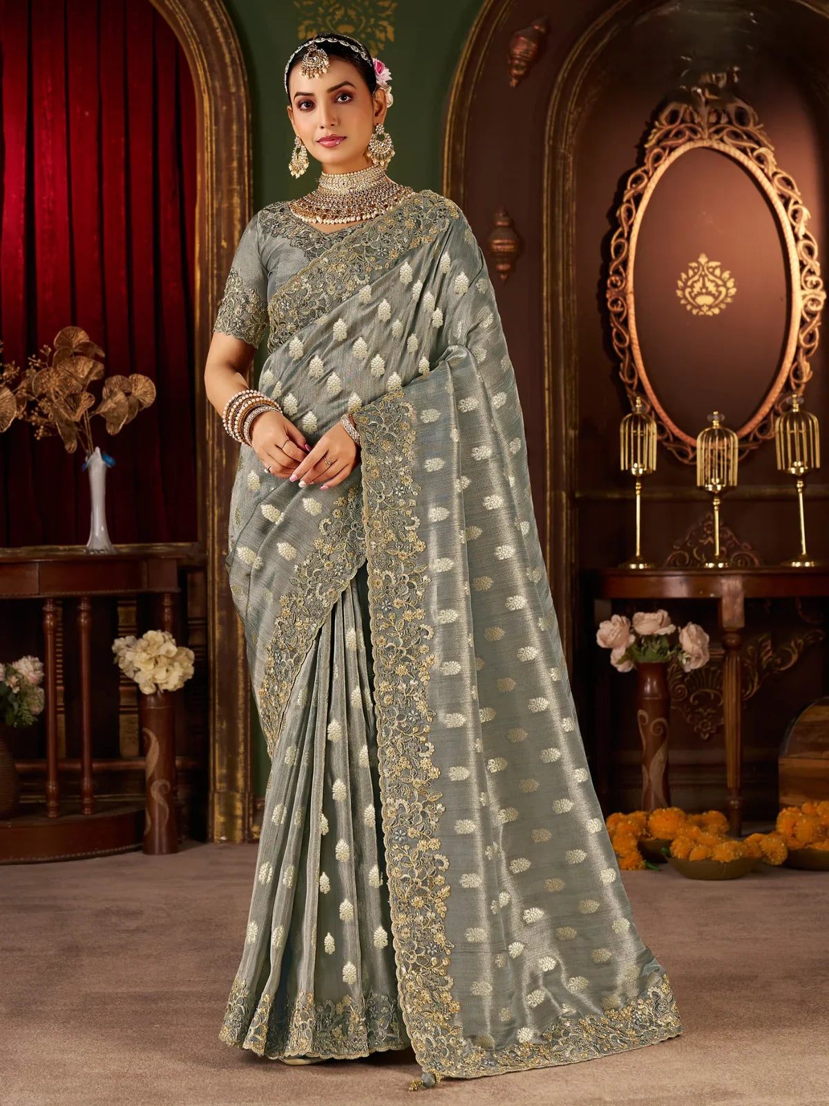 Tarani premium silk green saree with zari embroidery and latkan pallu full view