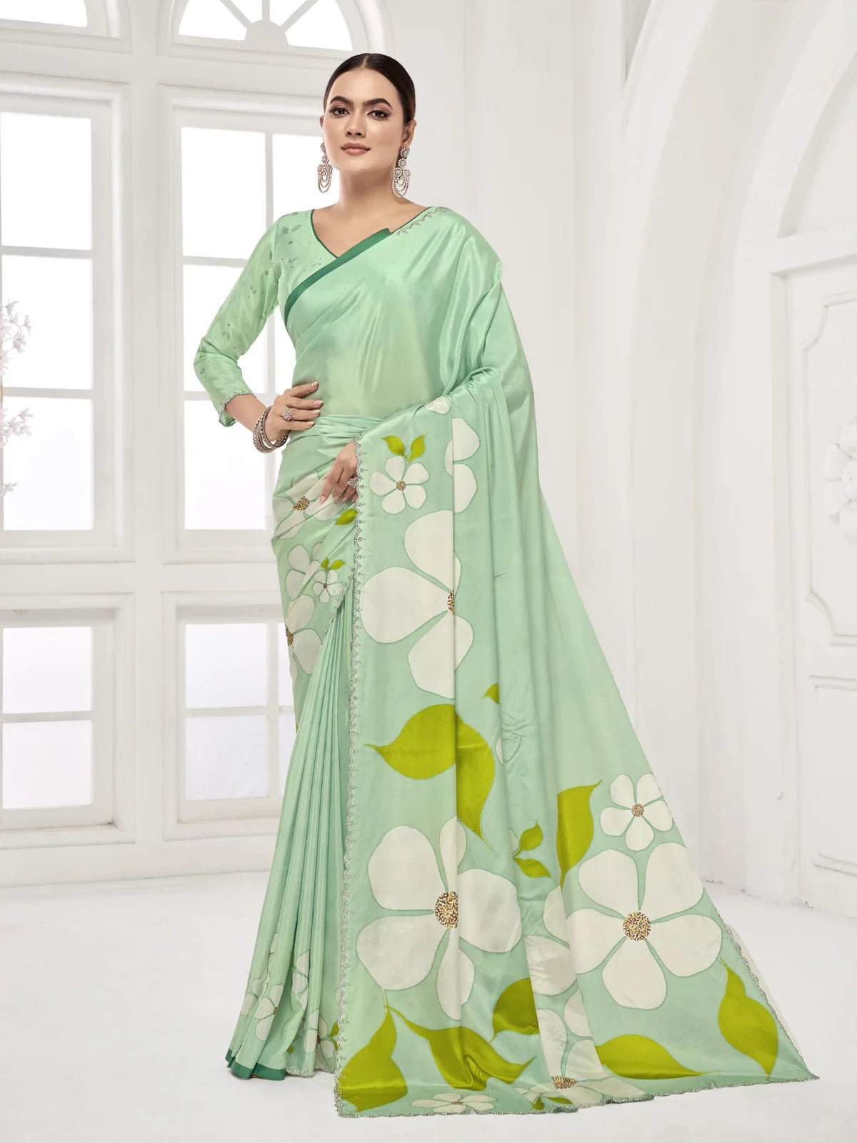 Tarani green silk crape saree with floral digital print and Swarovski crystal work shown in full view