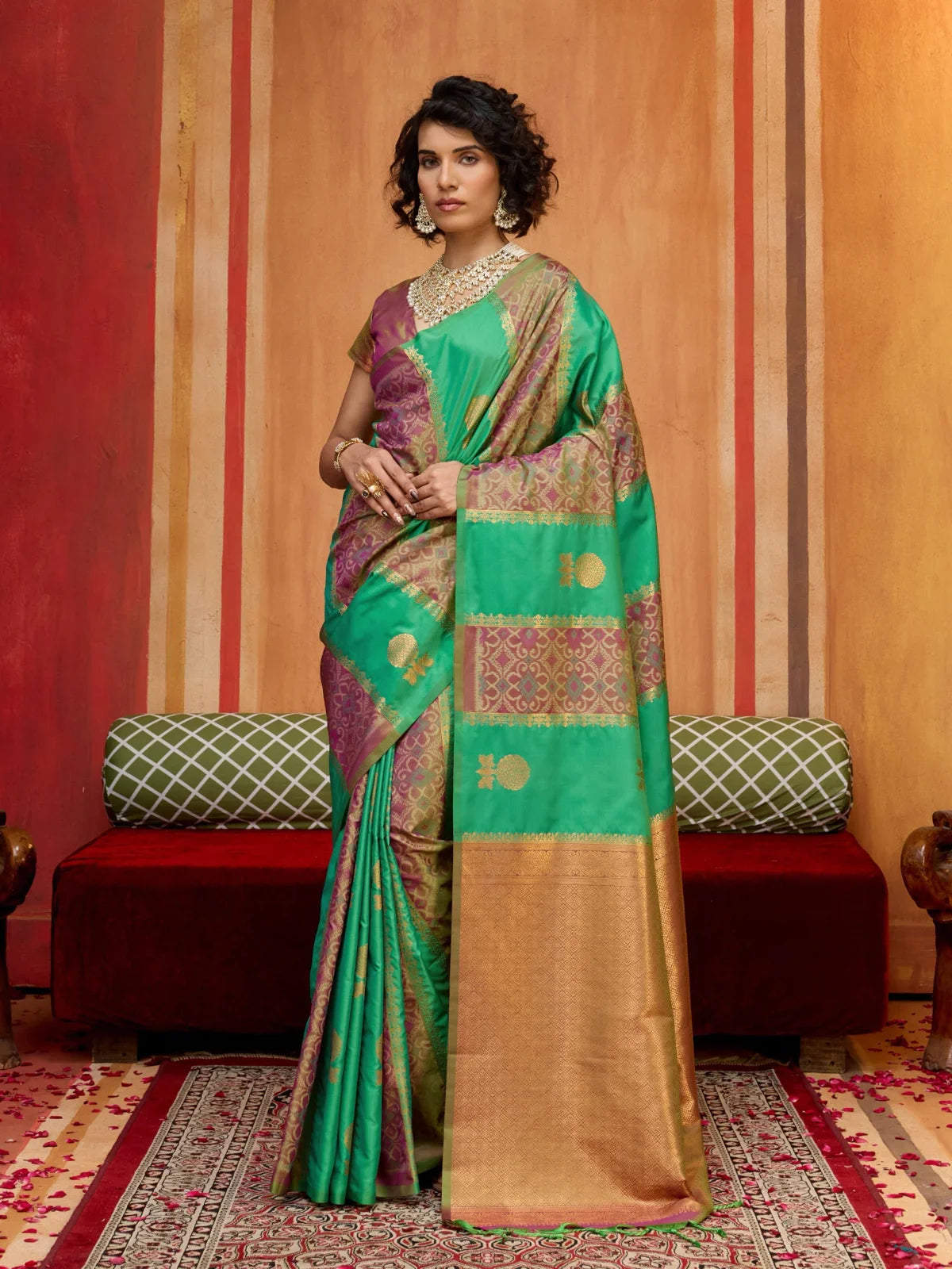 Tarani green silk saree full view with gold border and contrast pallu