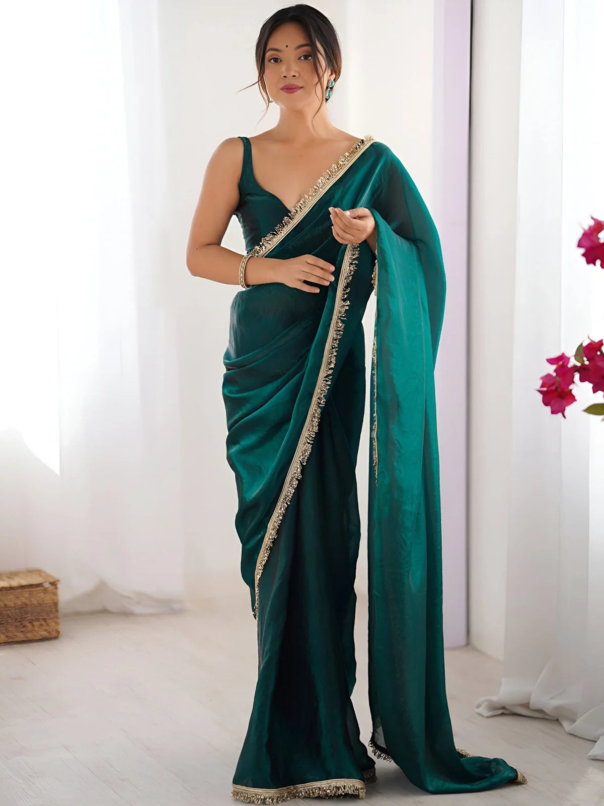 Tarani green silk saree with sequin lace border full view for casual and party wear