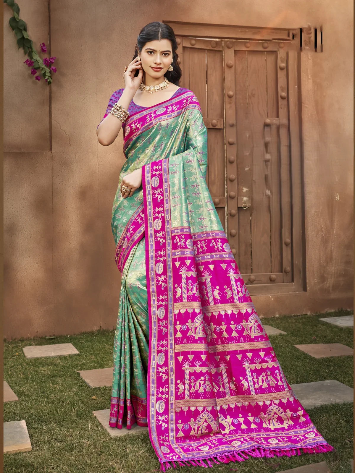 Tarani premium green kanjivaram silk saree with magenta pallu full view festive wear