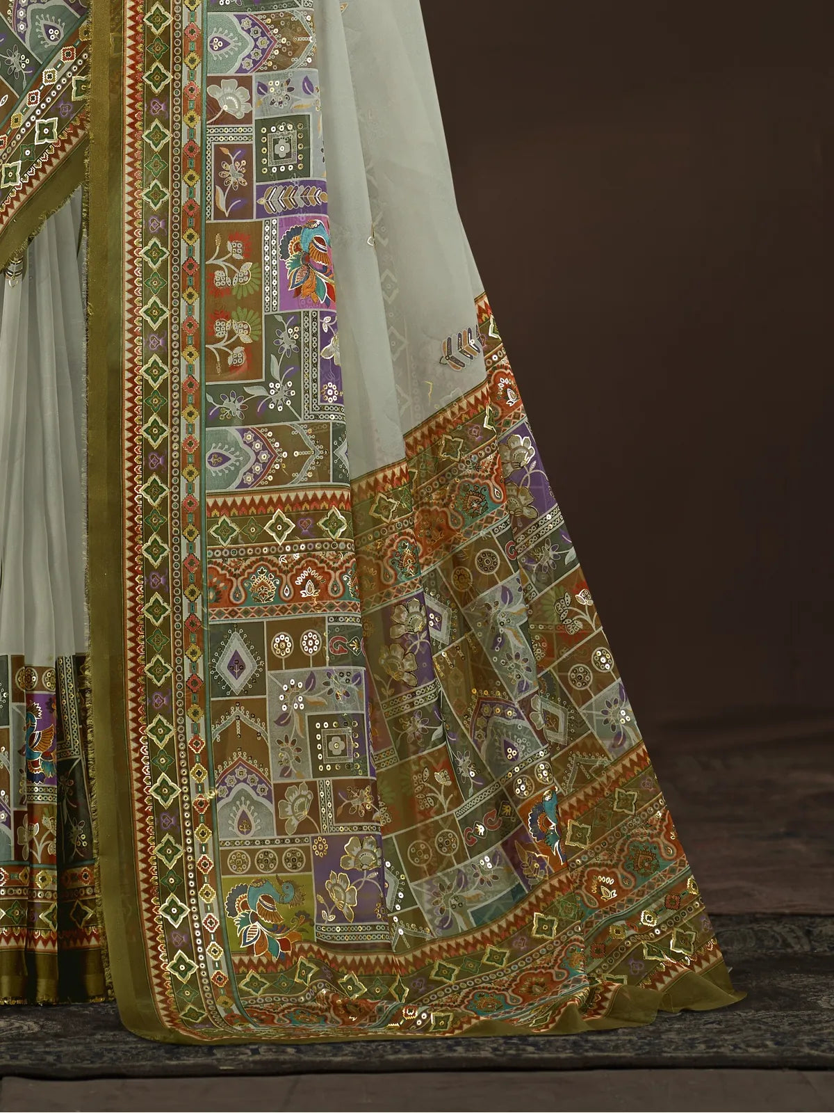 Tarani digital print crepe silk saree pallu showing intricate multicolor motifs and foil details