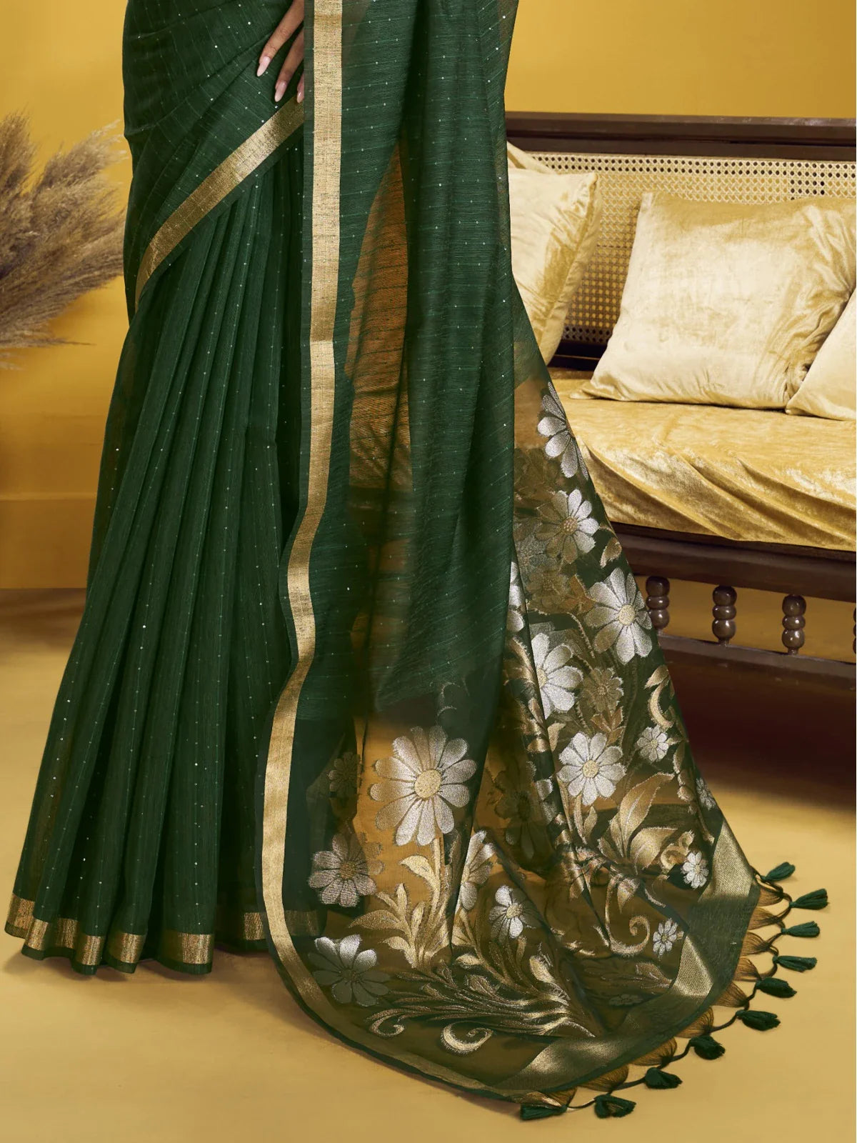 Tarani silk saree pallu with golden floral zari embroidery and tassels