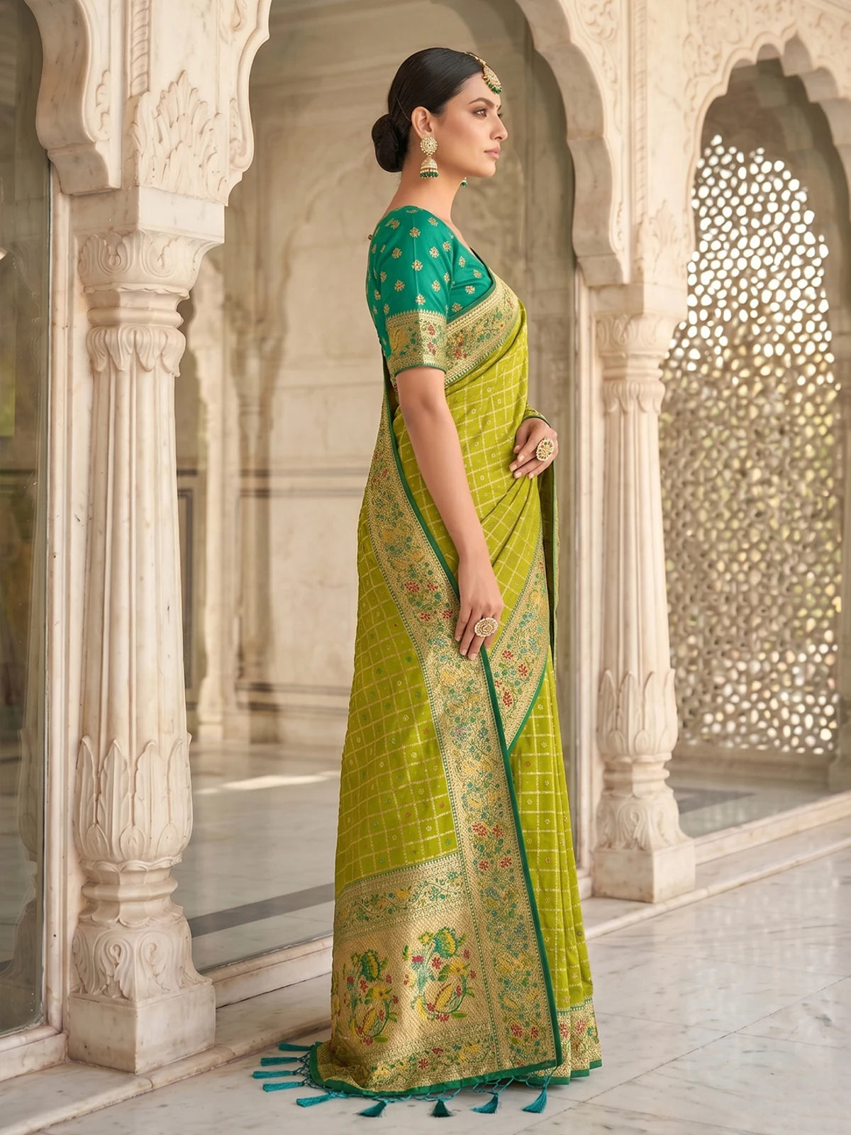 Tarani Arunika green Banarasi silk saree side profile with woven floral border