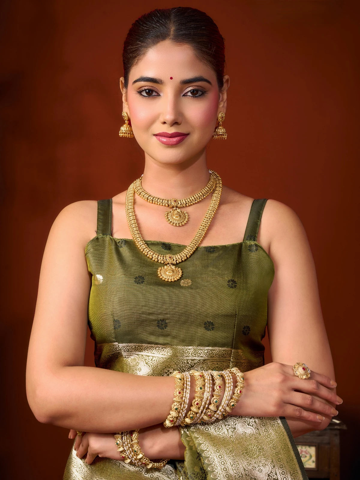 Tarani olive green premium self jacquard soft silk saree upper-body-view