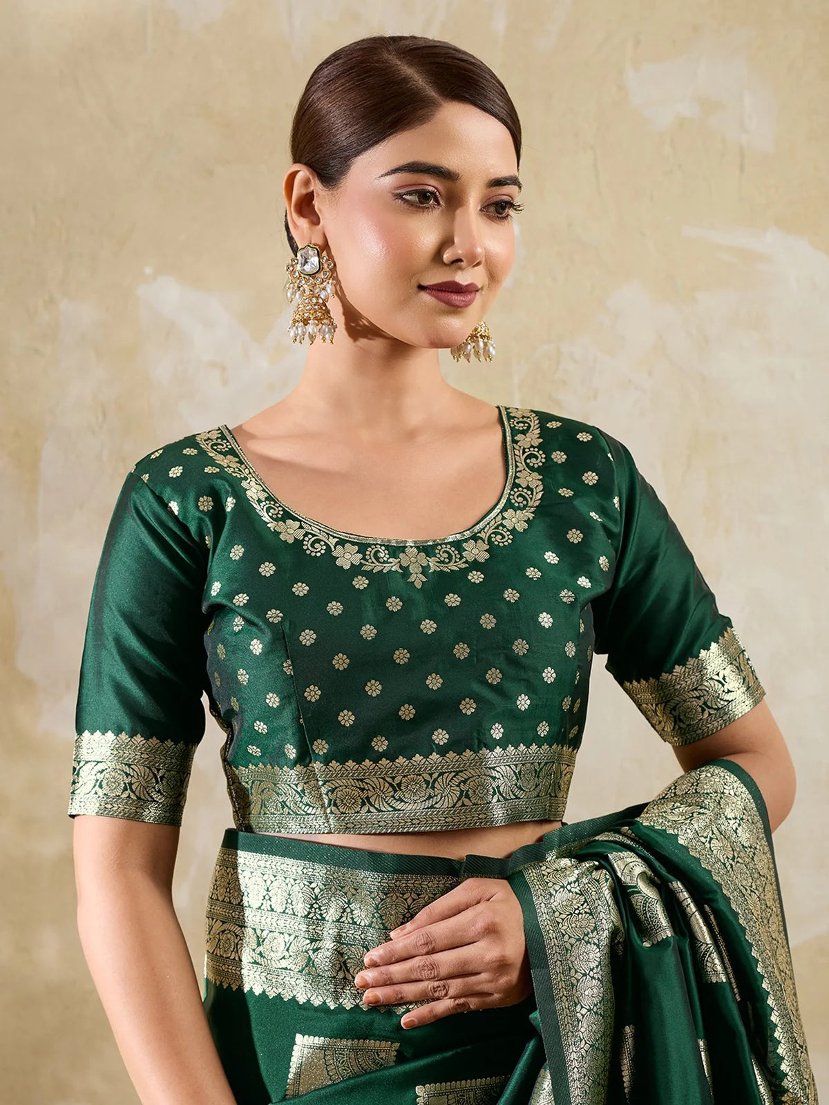 Tarani green silk blend saree with zari blouse upper body portrait view