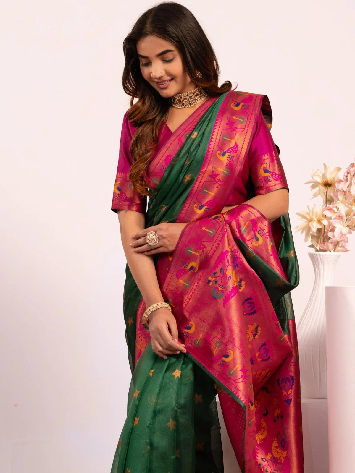 Tarani premium green soft tissue silk Paithani saree with zari woven border upper-body-view