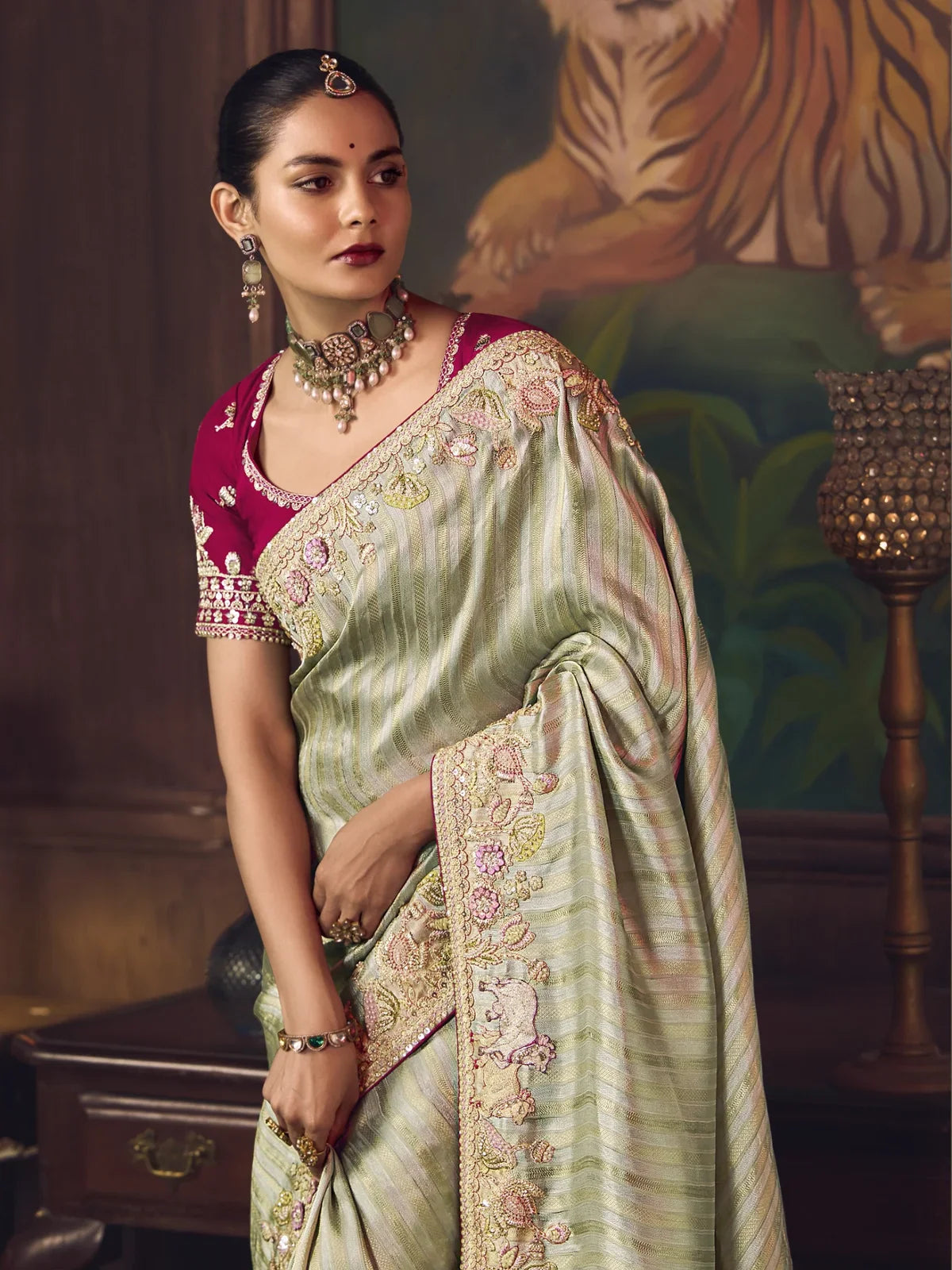 Tarani green silk saree with contrast blouse close-up and detailed embroidery