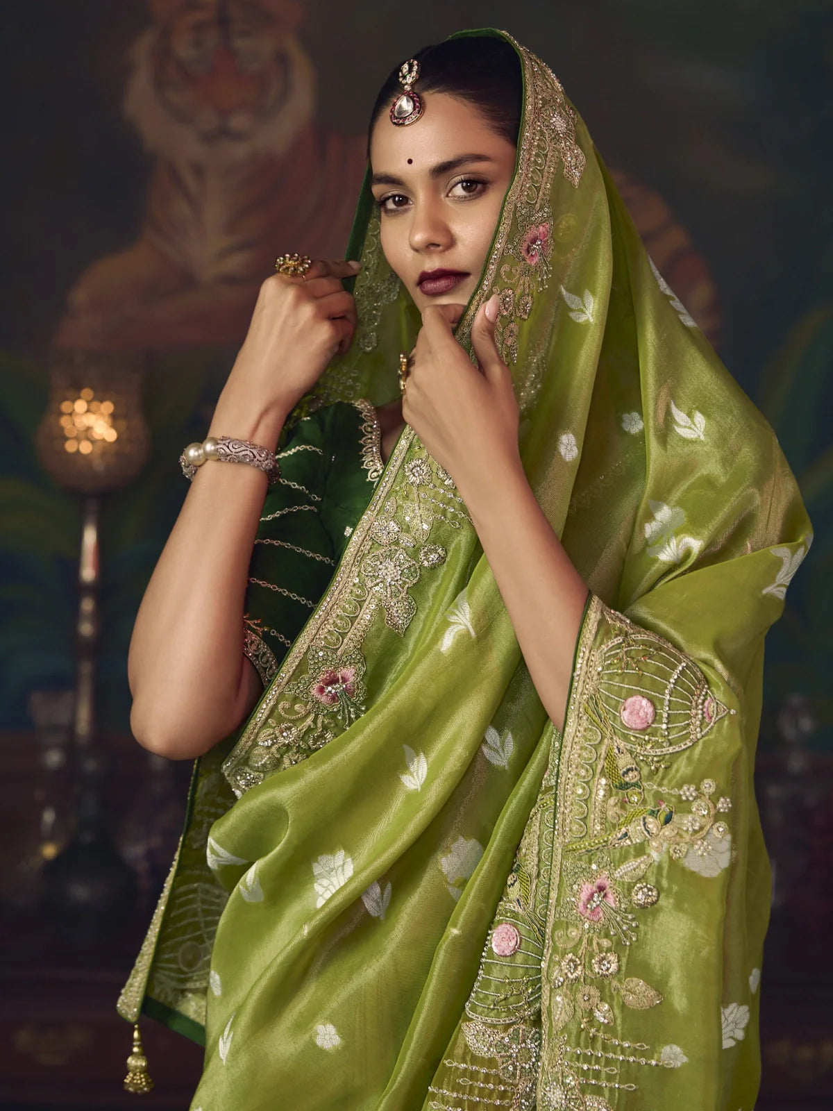 Tarani green silk saree upper-body view with embroidery and elegant jewellery