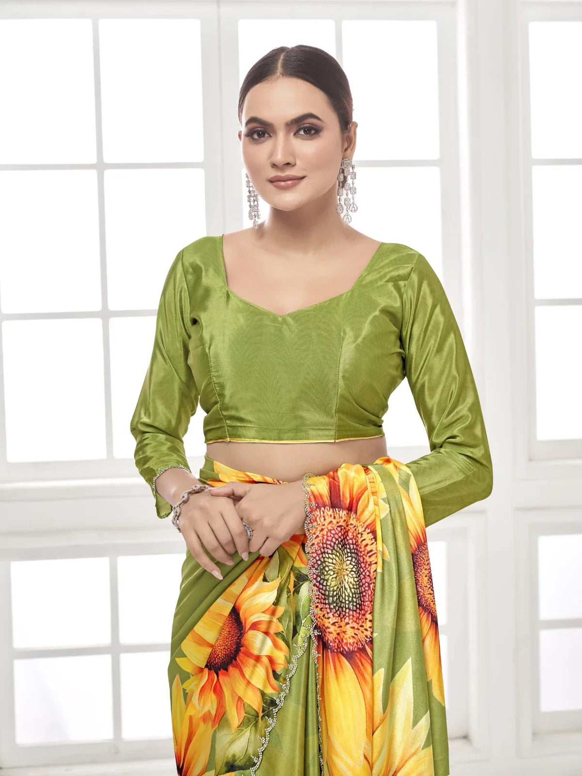Tarani green saree front pose with printed blouse and elegant styling for cocktail evenings