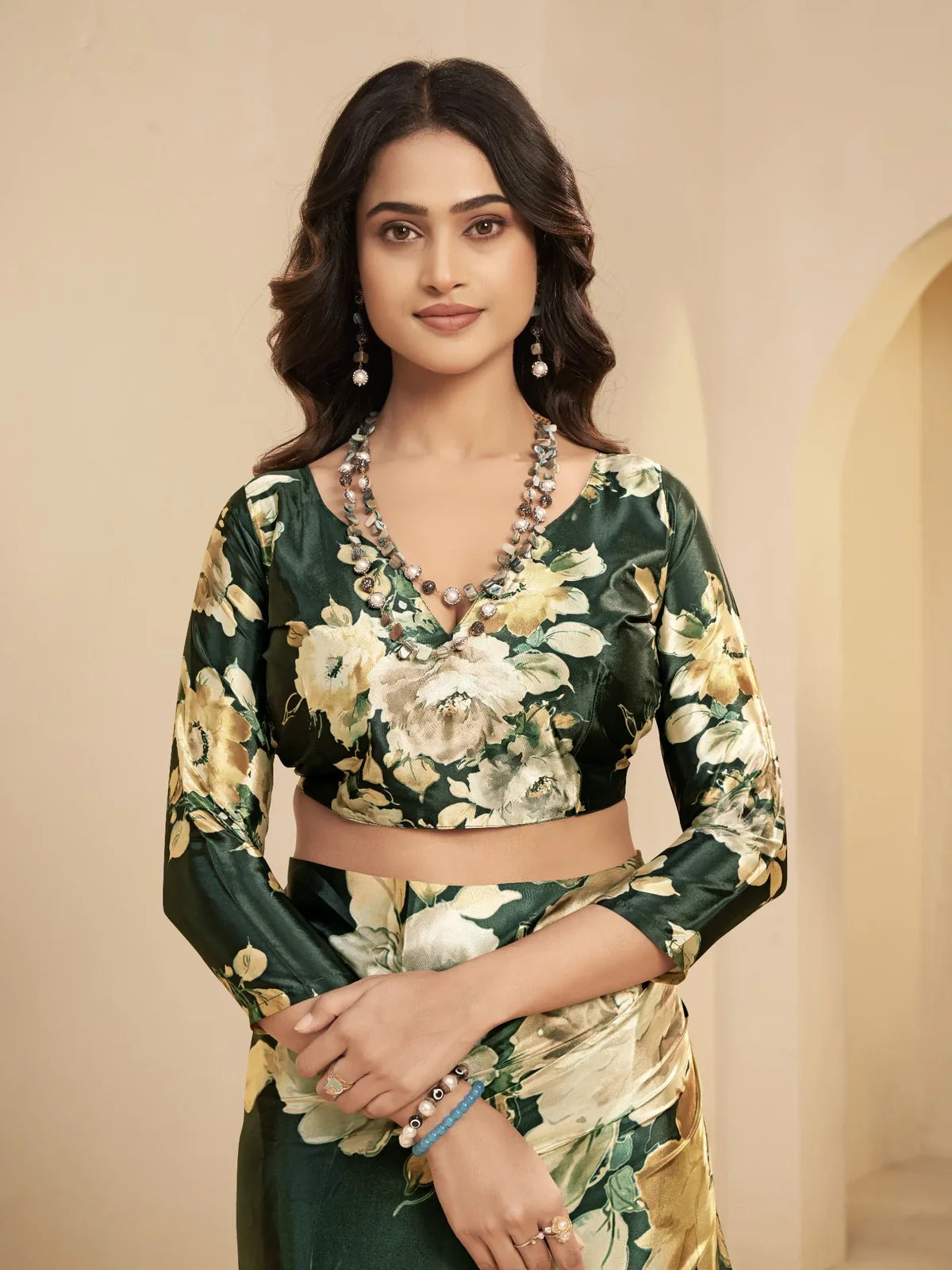 Tarani green silk saree upper body view with floral blouse perfect for festive wear