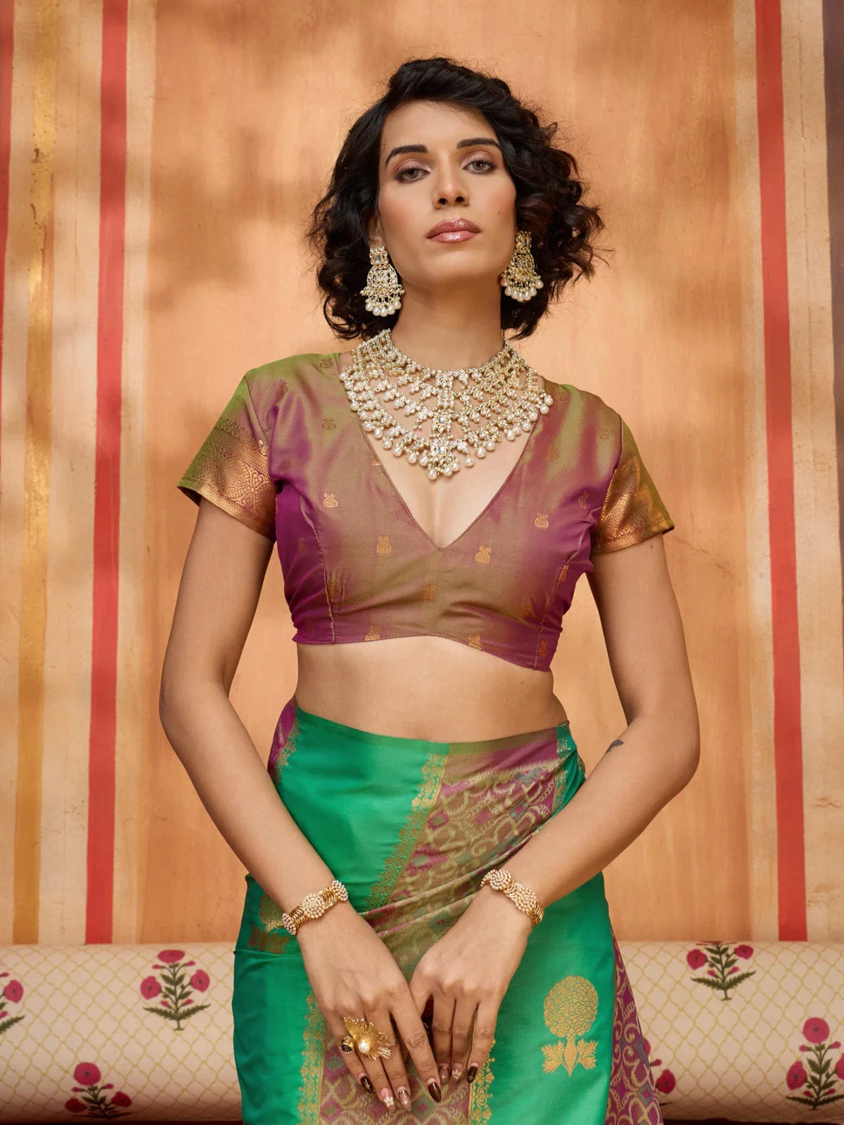 Tarani green silk saree upper body view showing rich zari and blouse