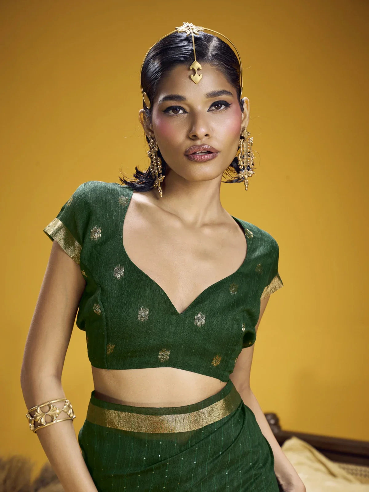 Tarani close-up green blouse with zari weave from silk saree collection