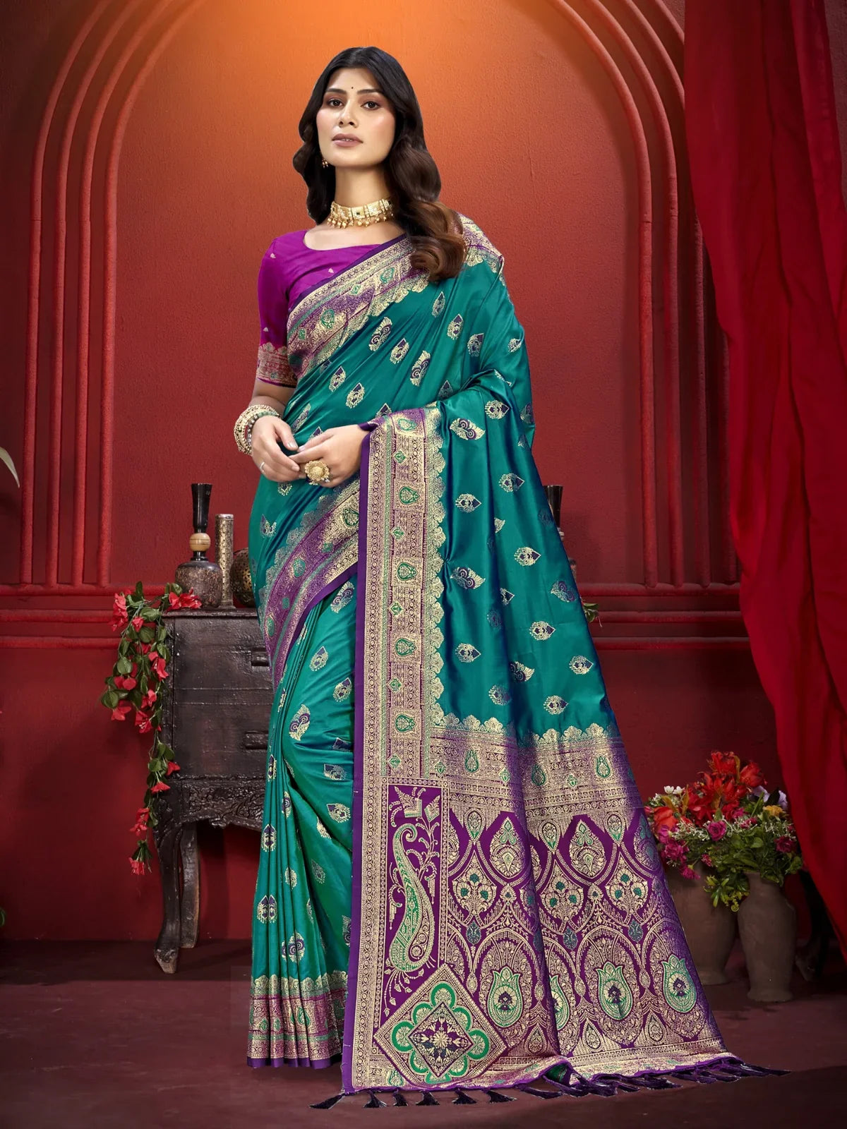Tarani premium green silk festive saree with zari border and purple blouse for celebrations