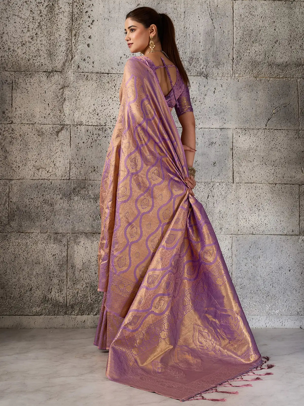 Tarani lavender Kanjivaram Silk Blend saree back view with blouse design