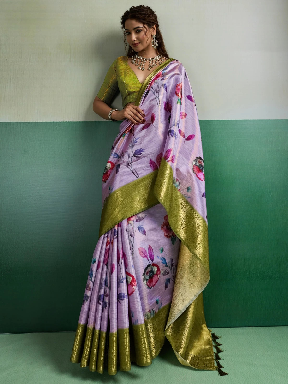 Tarani lavender Pure Kanjivaram tissue silk saree with floral digital print front-view