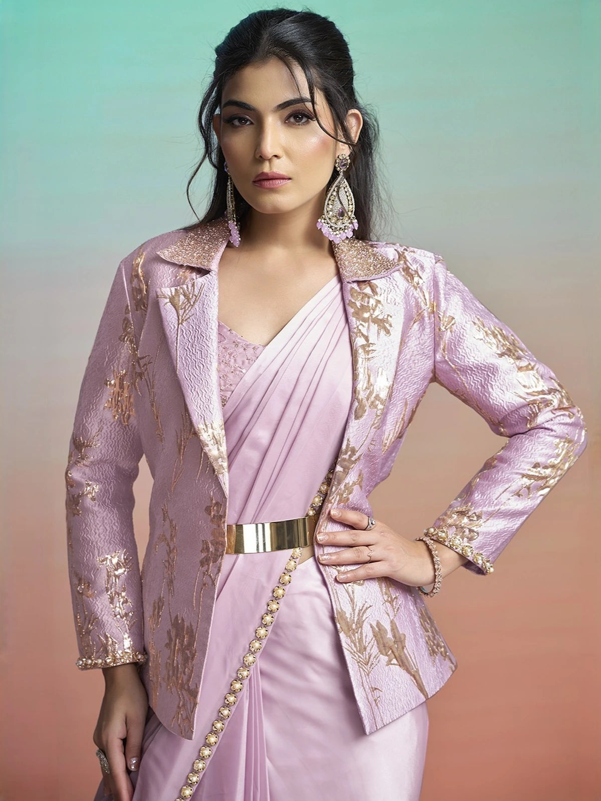 Tarani Aariniya lavender satin silk ready to wear saree front view with embellished jacket and belt