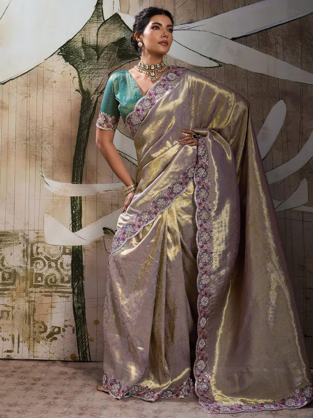 Tarani Banarasi jacquard silk saree in lavender with embroidered border full-view