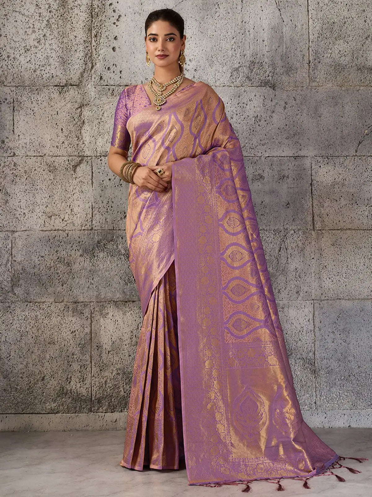 Tarani lavender Kanjivaram Silk Blend saree with intricate gold zari work full view for wedding and festive wear