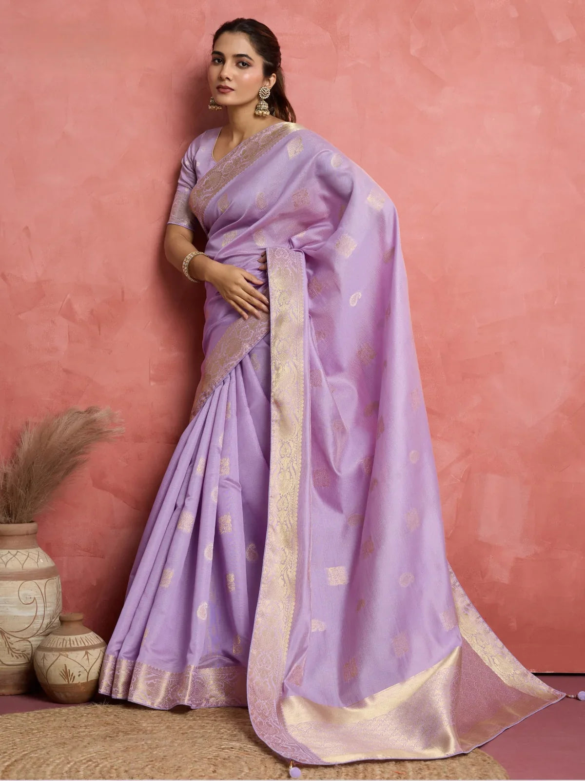 Tarani lavender silk saree with rich woven pallu full length front view