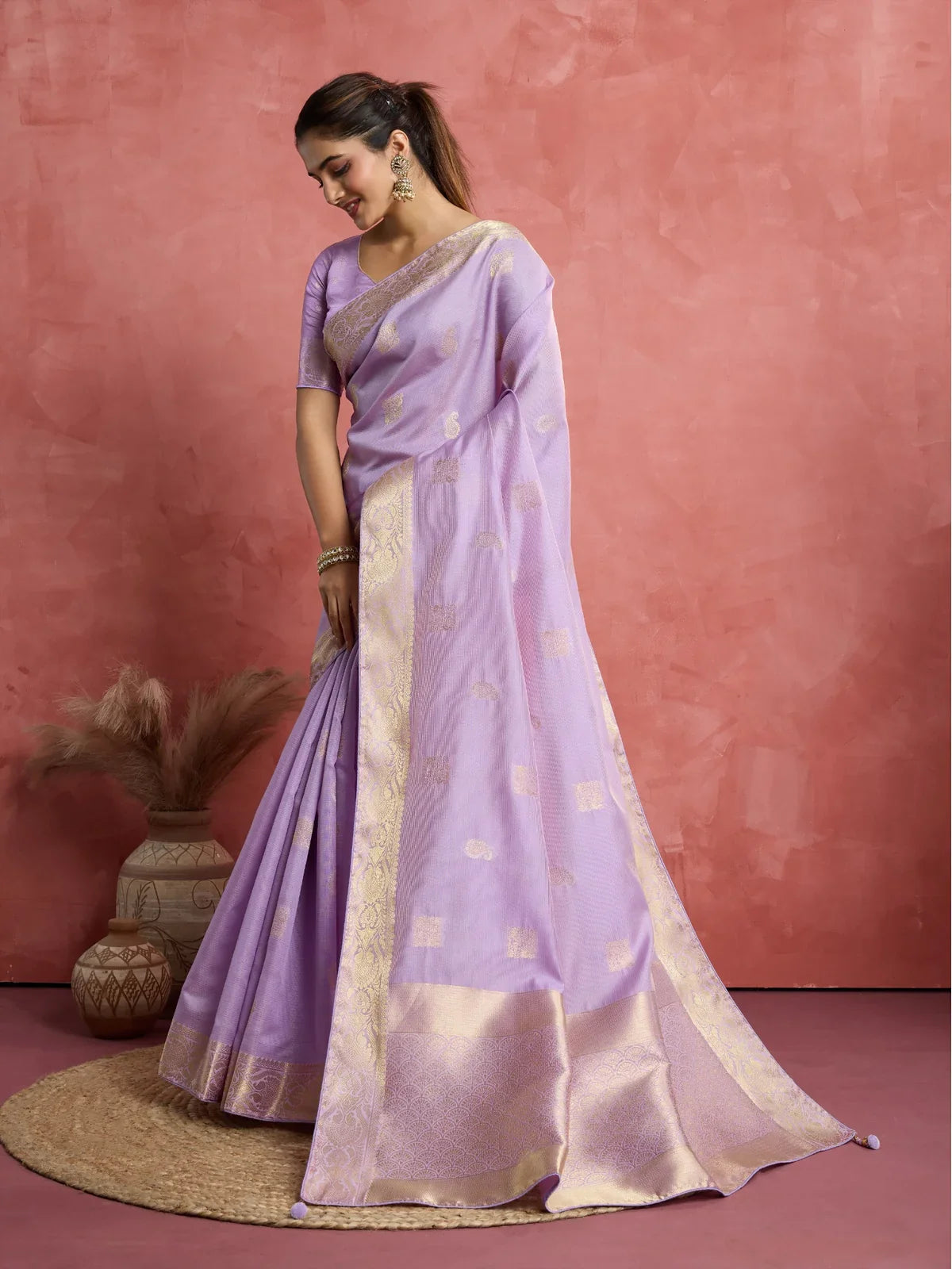 Tarani lavender silk saree graceful pose for festive wear full view
