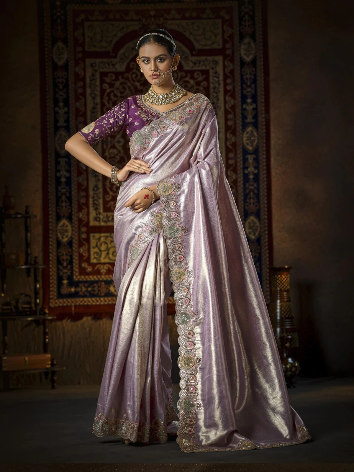 Tarani lavender silk bridal saree full view with embellished scallop border and rich drape